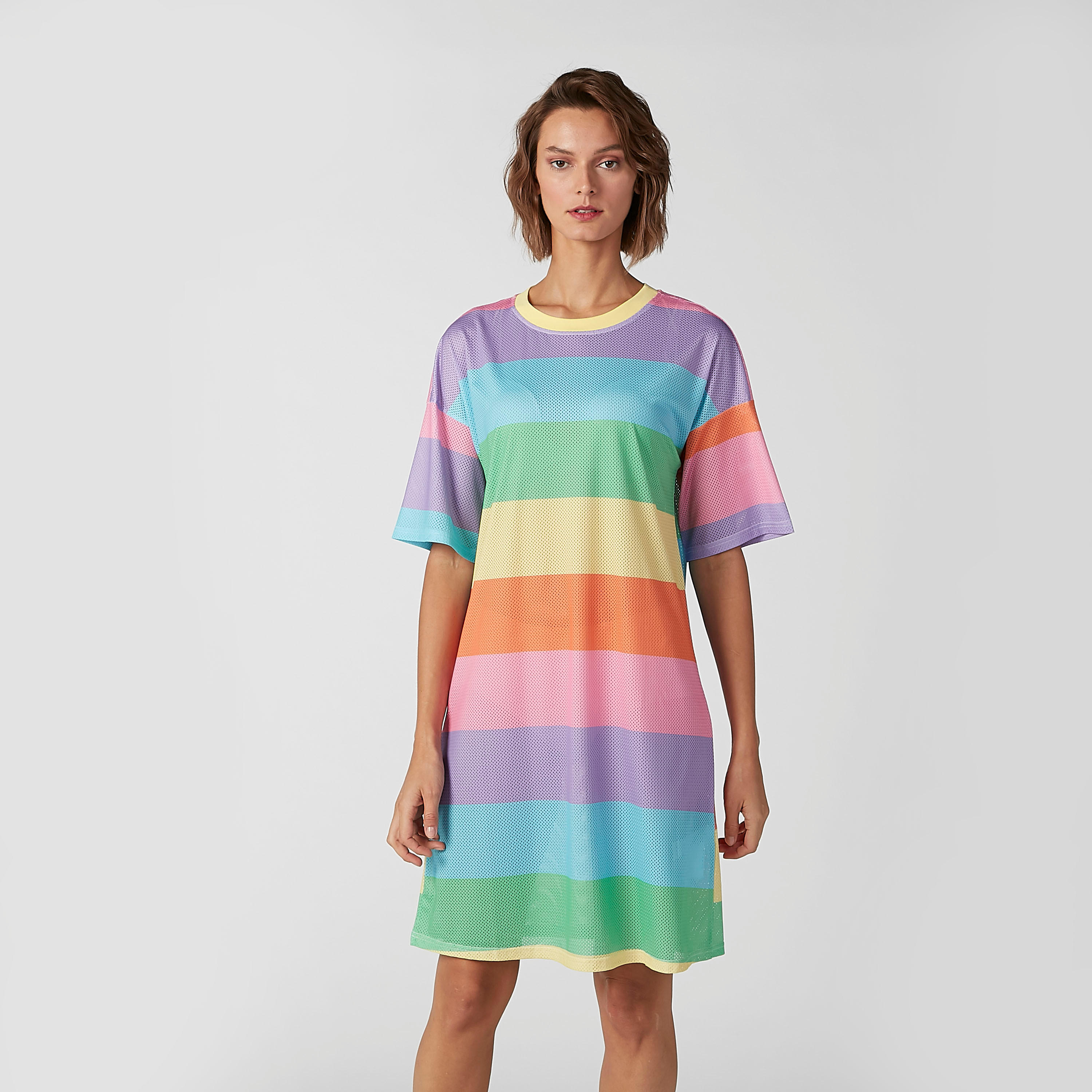 فستان تيشيرت مقلّم بنمط كتل الألوان متوسط الطول بأكتاف منسدلة-women-clothing-dresses-image-2