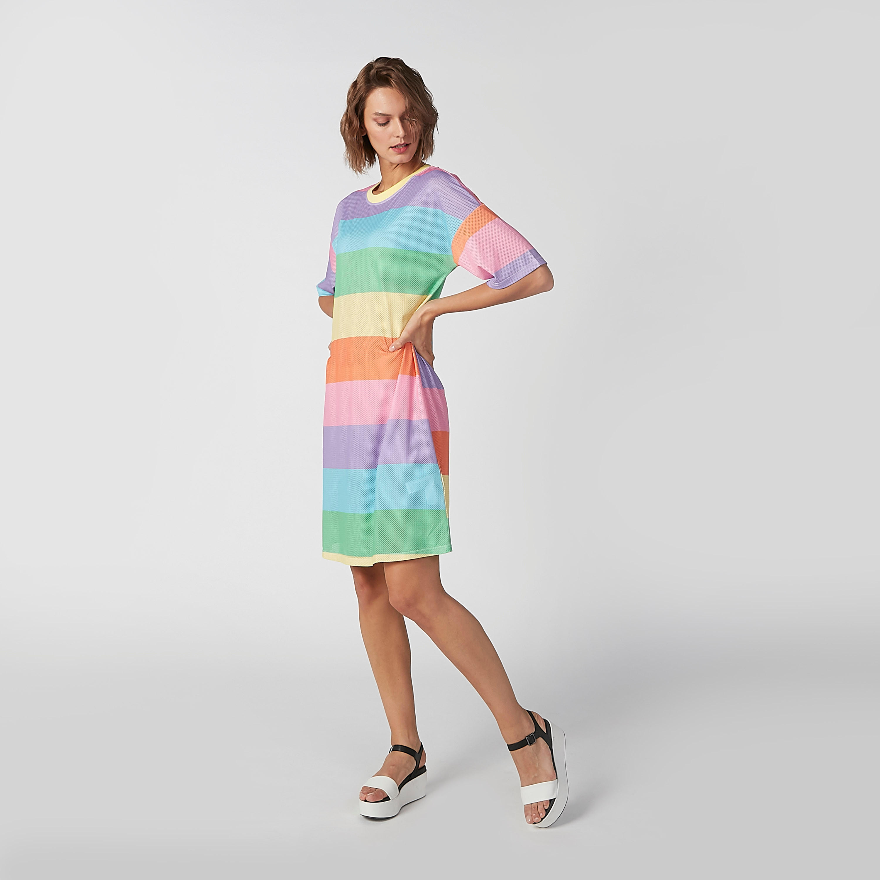 فستان تيشيرت مقلّم بنمط كتل الألوان متوسط الطول بأكتاف منسدلة-women-clothing-dresses-image-3