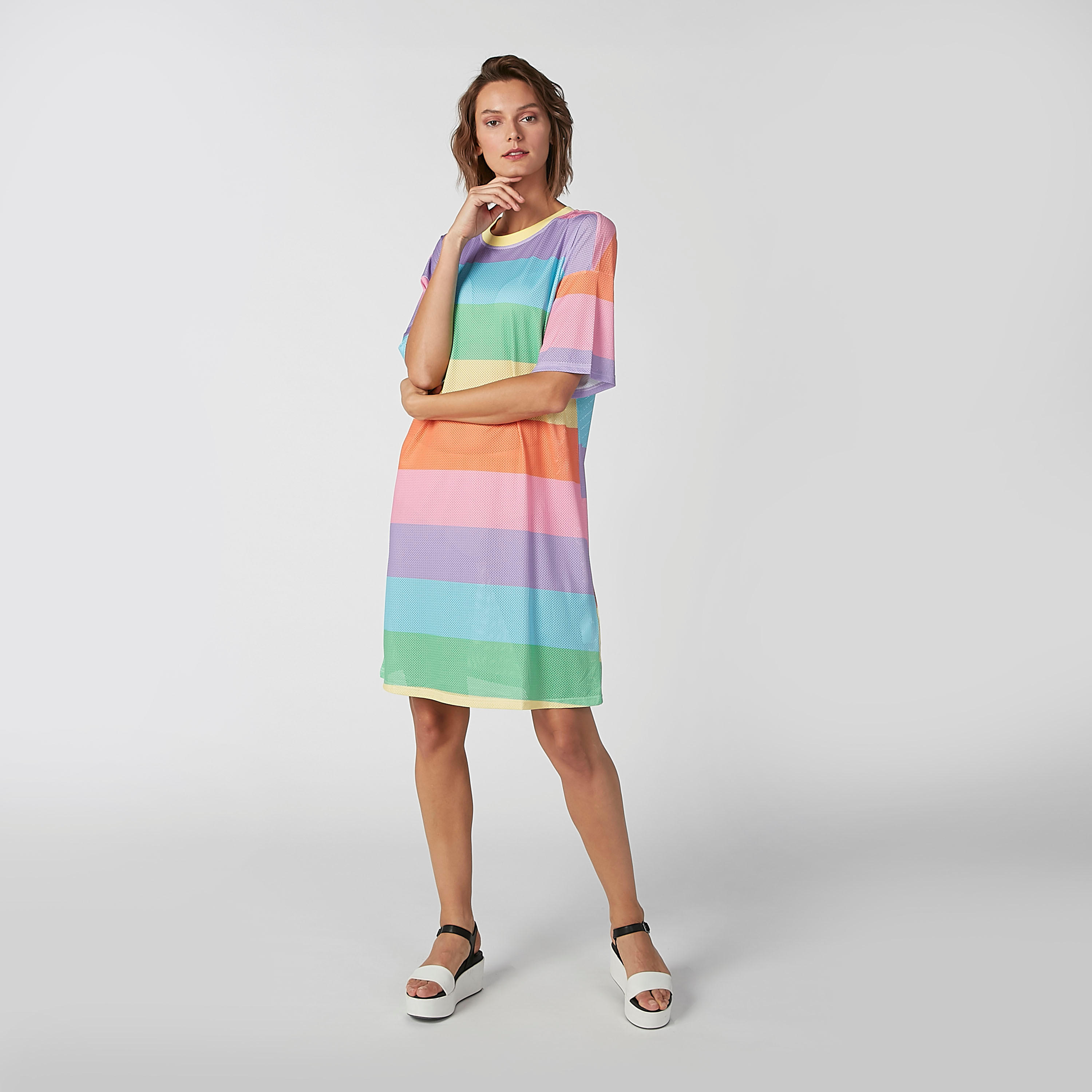 فستان تيشيرت مقلّم بنمط كتل الألوان متوسط الطول بأكتاف منسدلة-women-clothing-dresses-image-5