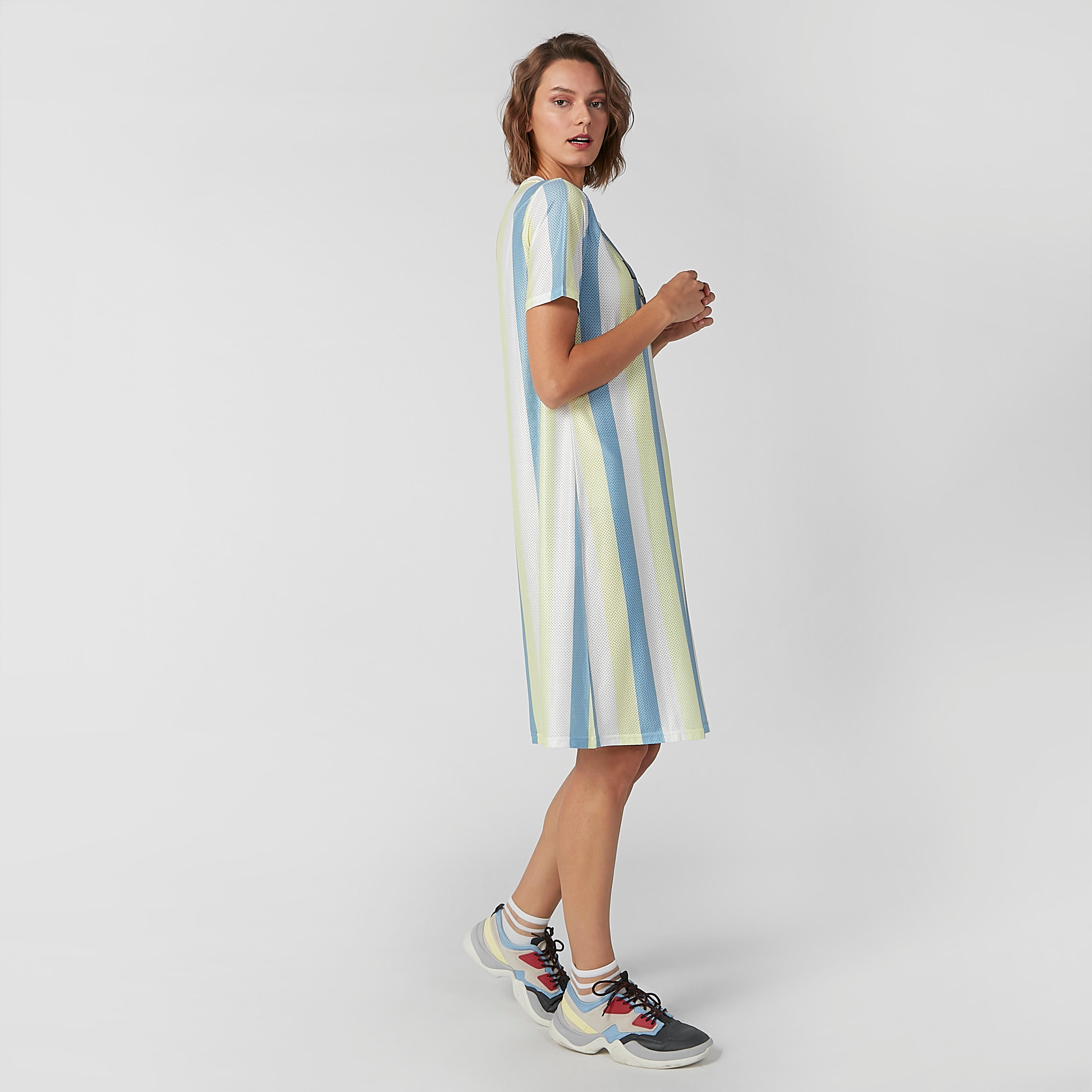 فستان تيشيرت مقلّم متوسط الطول بياقة مستديرة وأكمام قصيرة-women-clothing-dresses-image-5