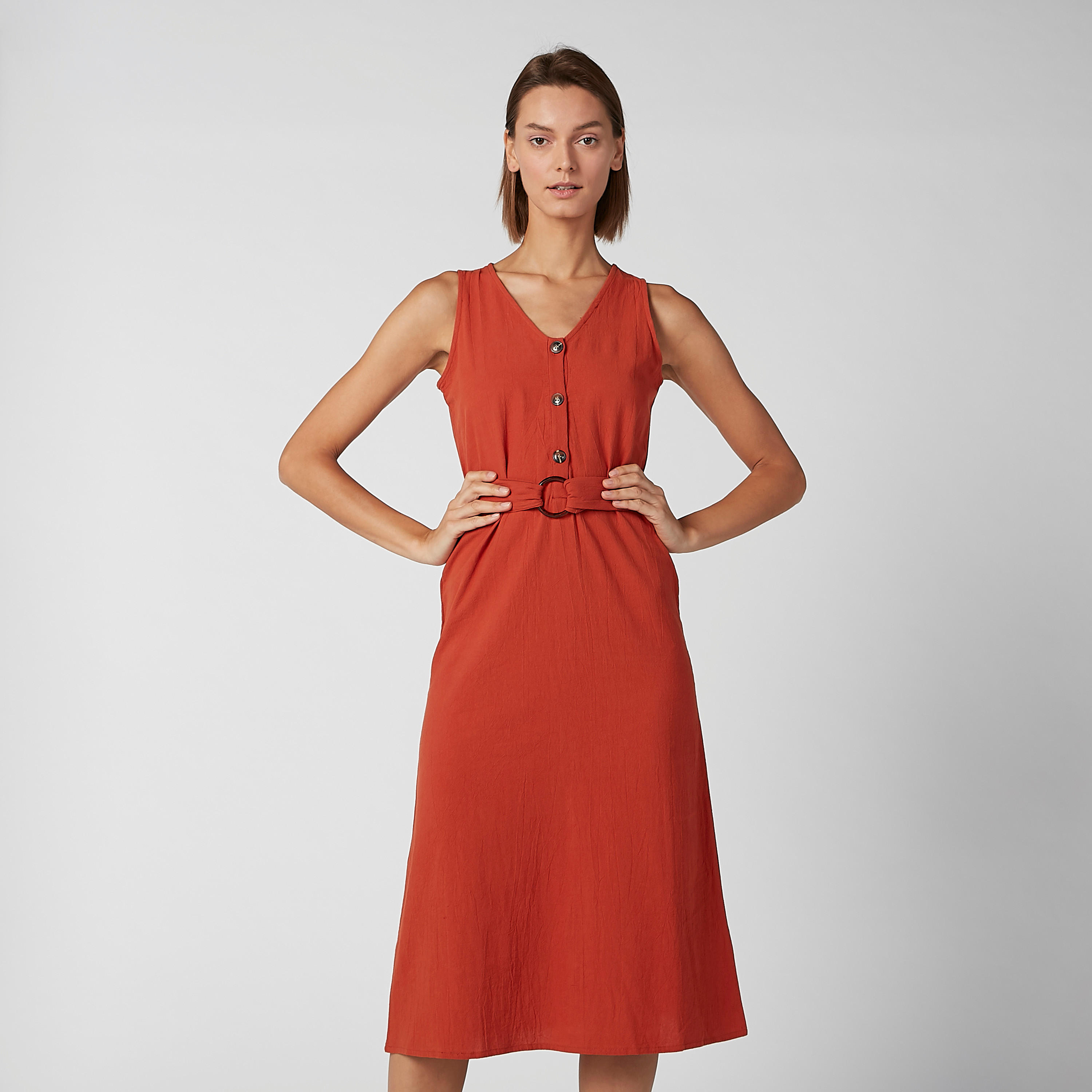 فستان سادة إيه لاين متوسط الطول دون أكمام بياقة V وحزام-women-clothing-dresses-image-1