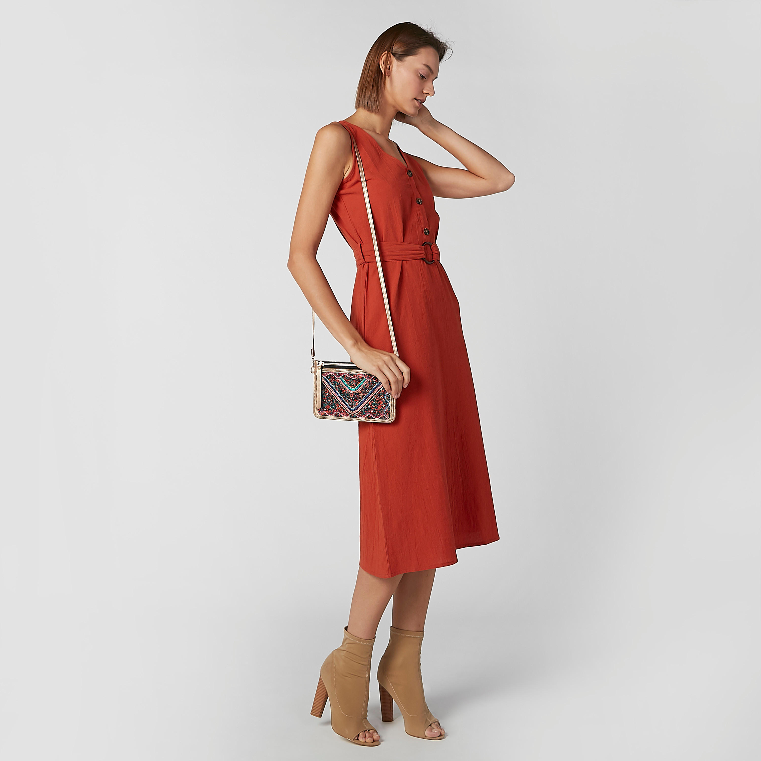 فستان سادة إيه لاين متوسط الطول دون أكمام بياقة V وحزام-women-clothing-dresses-image-2
