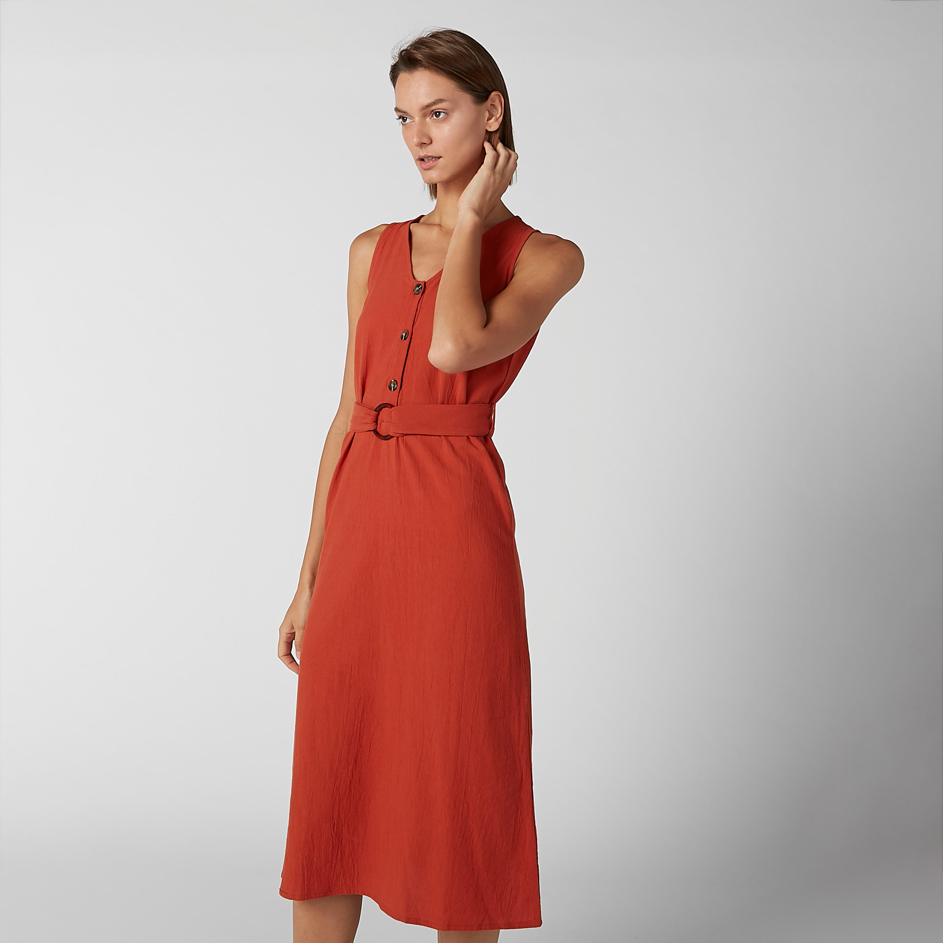 فستان سادة إيه لاين متوسط الطول دون أكمام بياقة V وحزام-women-clothing-dresses-image-3