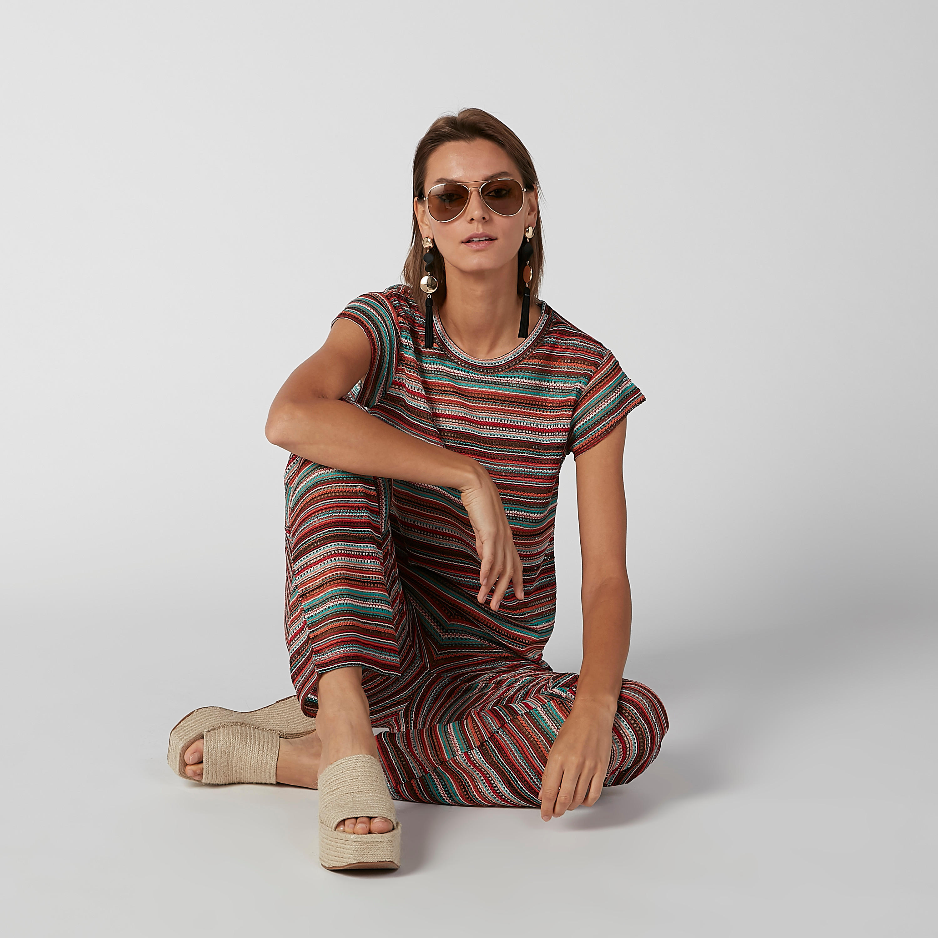 Textured T-shirt with Round Neck and Extended Cap Sleeves-women-clothing-tshirts-image-1