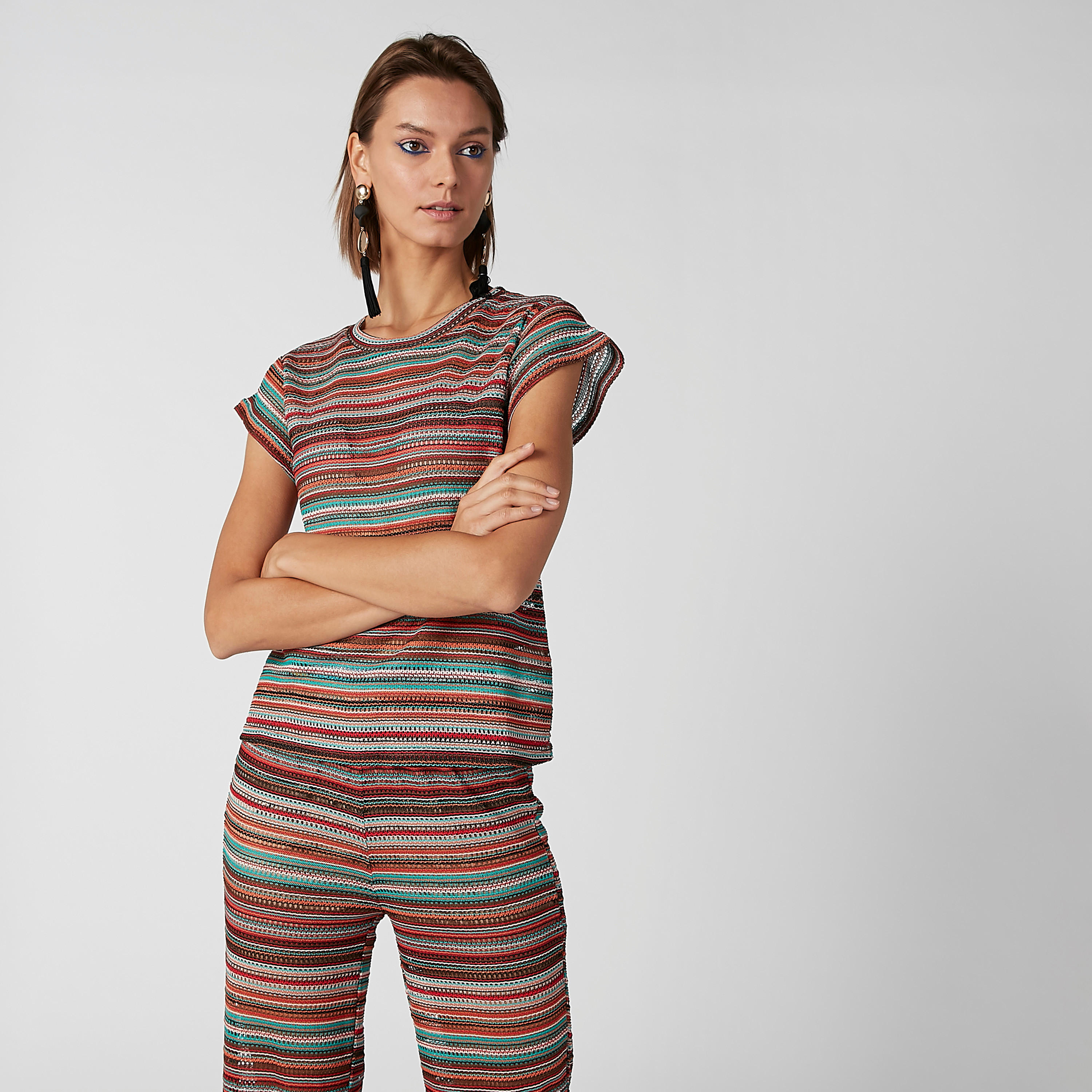 Textured T-shirt with Round Neck and Extended Cap Sleeves-women-clothing-tshirts-image-2