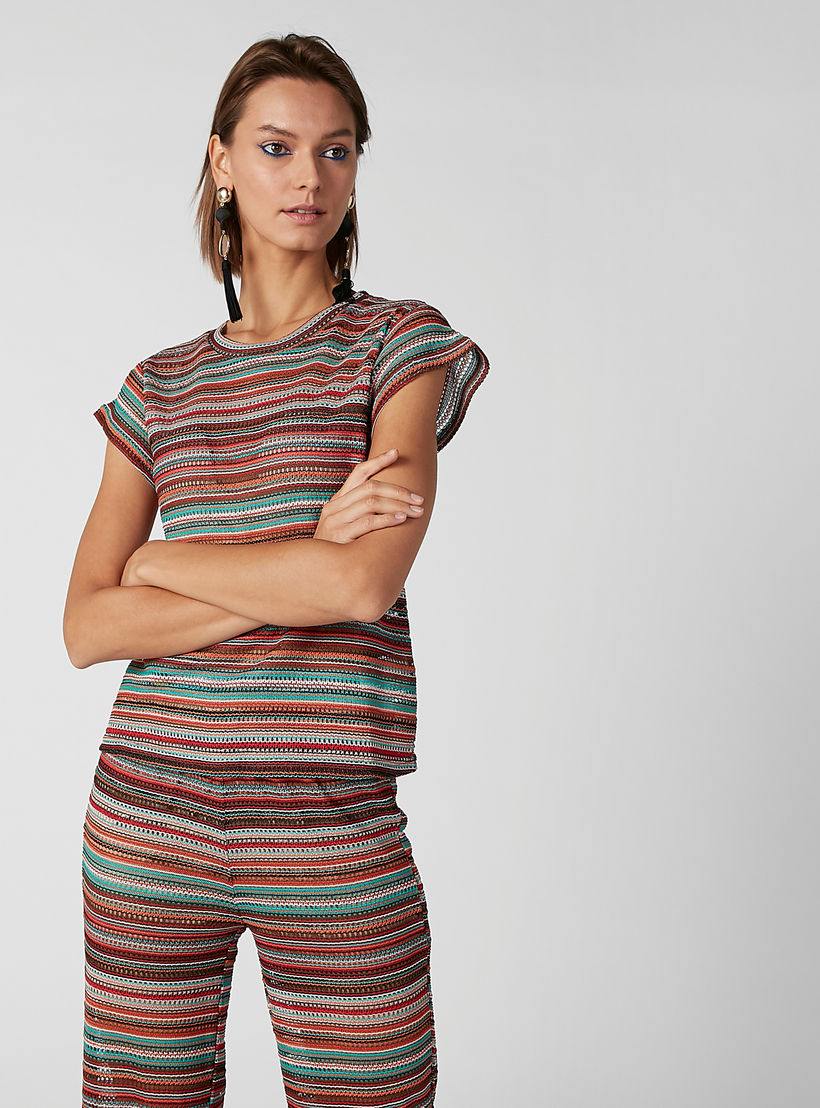 Textured T-shirt with Round Neck and Extended Cap Sleeves-women-clothing-tshirts-image-2