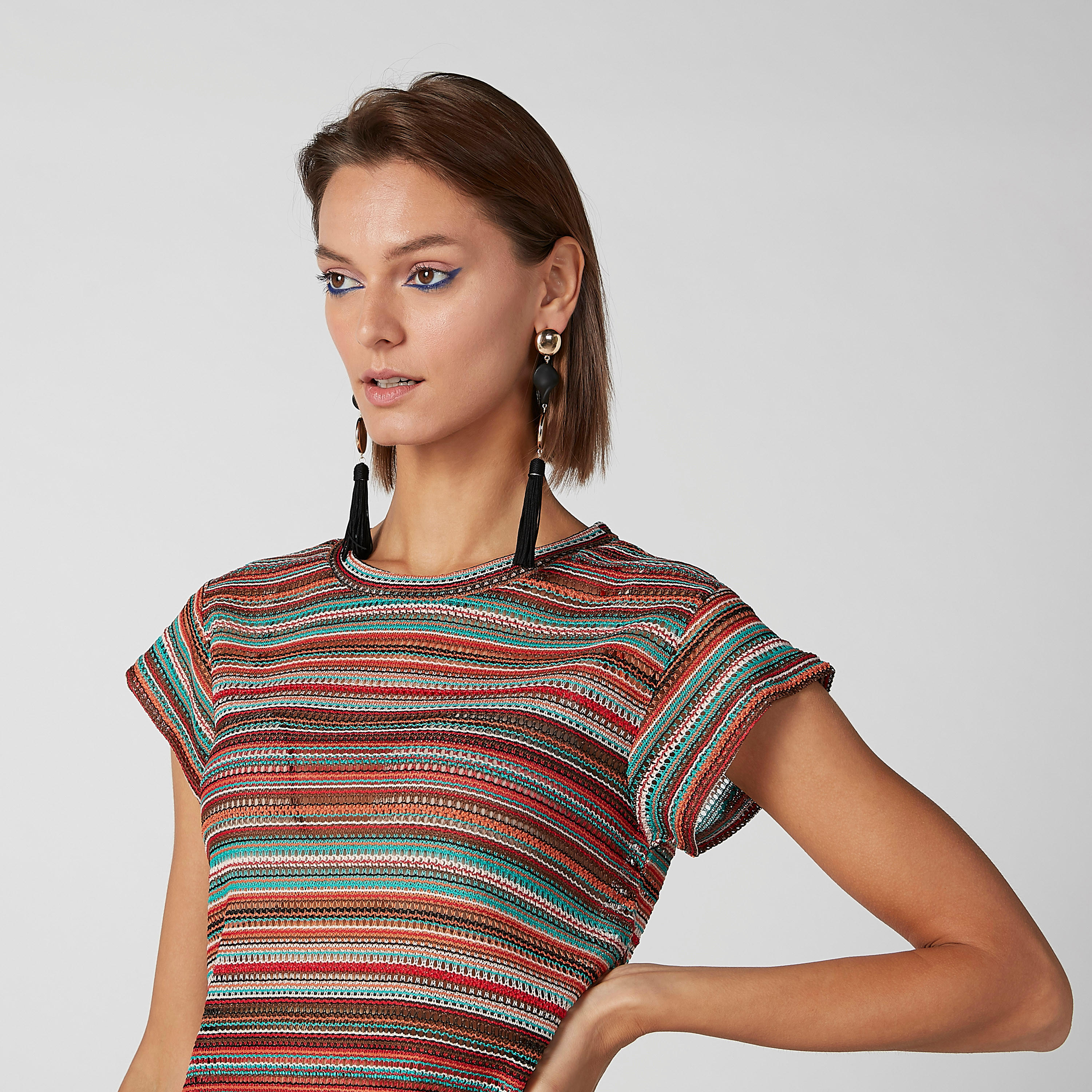 Textured T-shirt with Round Neck and Extended Cap Sleeves-women-clothing-tshirts-image-3