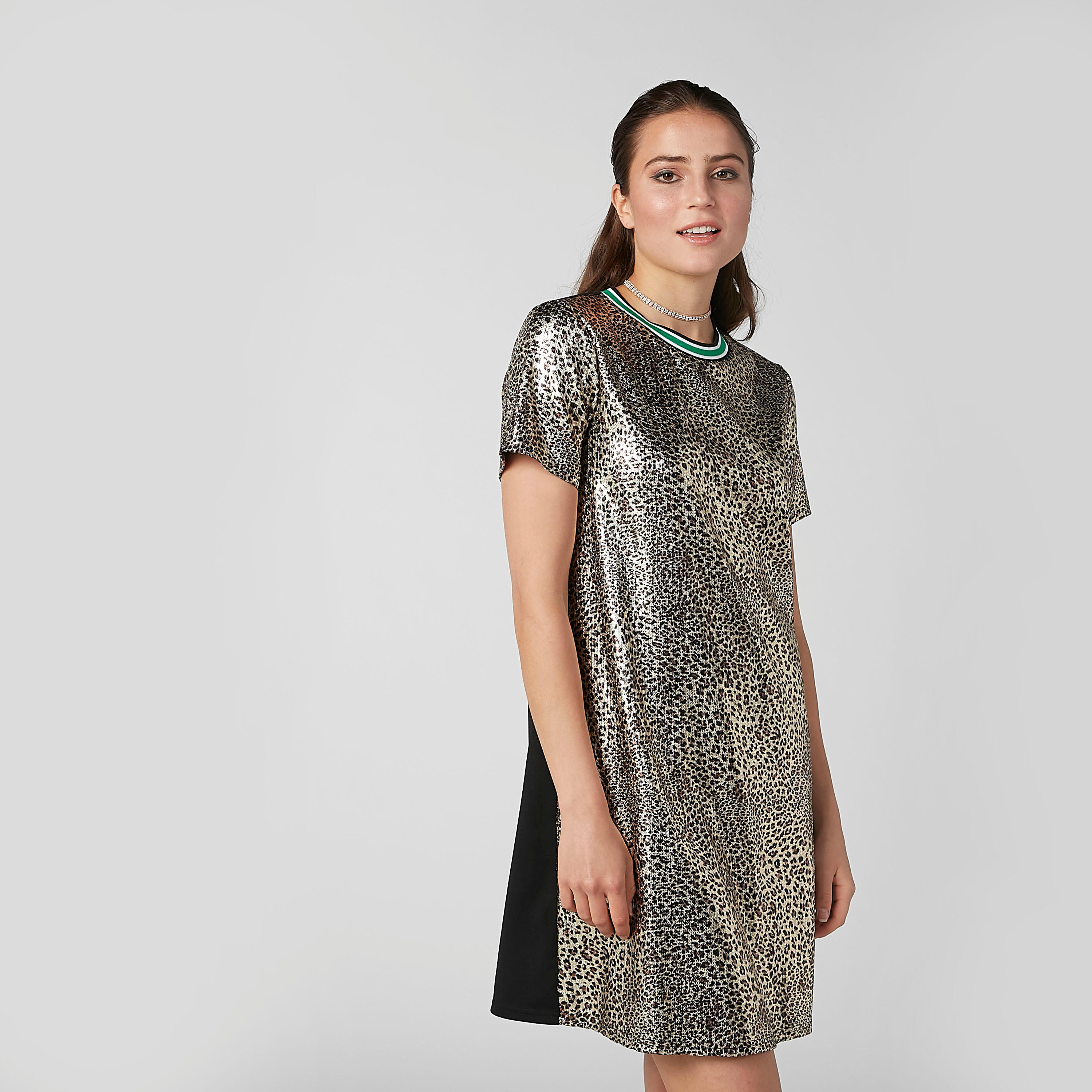 فستان تيشيرت متوسط الطول بياقة مستديرة وأكمام قصيرة وطبعات حيوانات-women-clothing-dresses-image-1