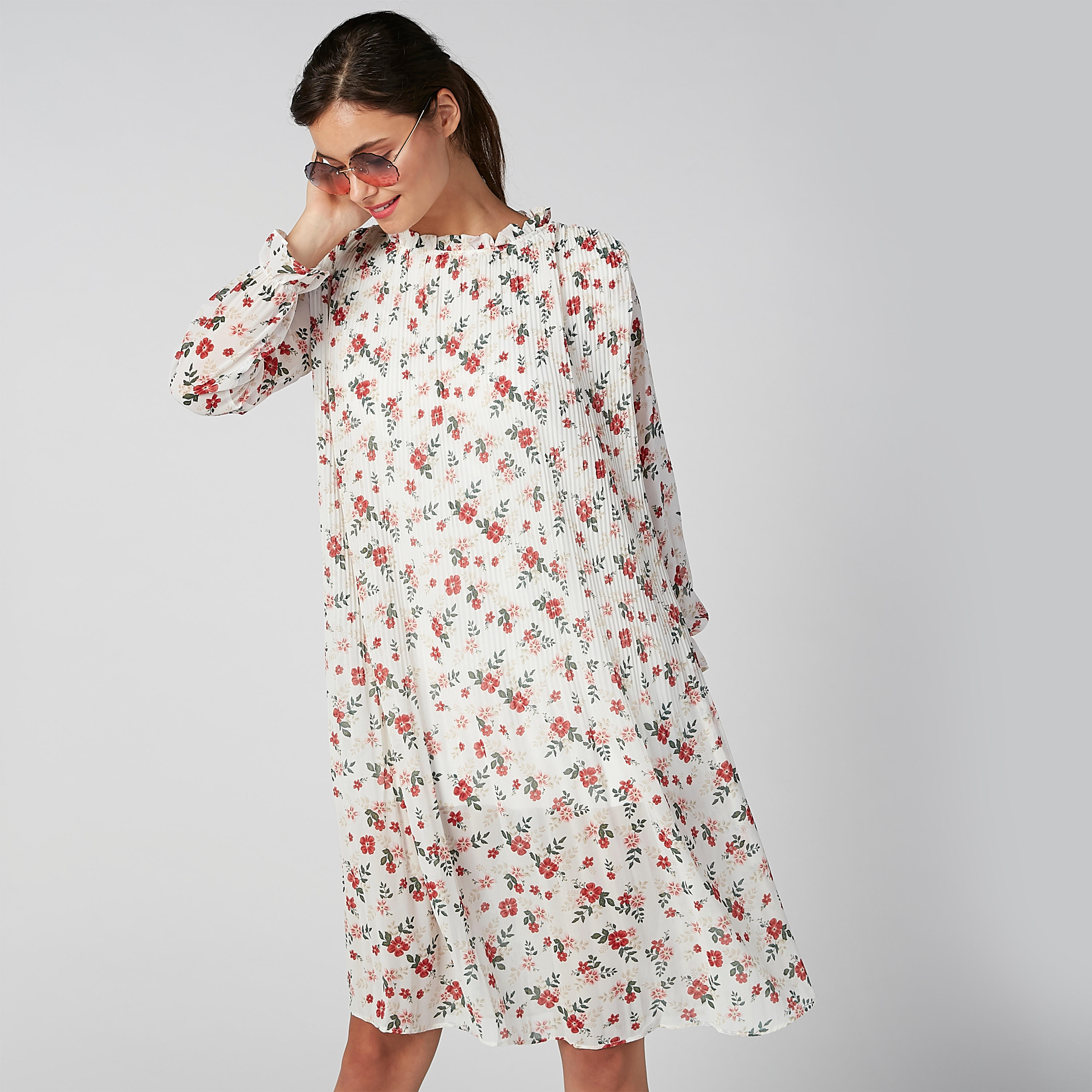 فستان واسع متوسط الطول بياقة كشكش وطبعات زهرية من تو إكستريمز-women-clothing-dresses-image-2