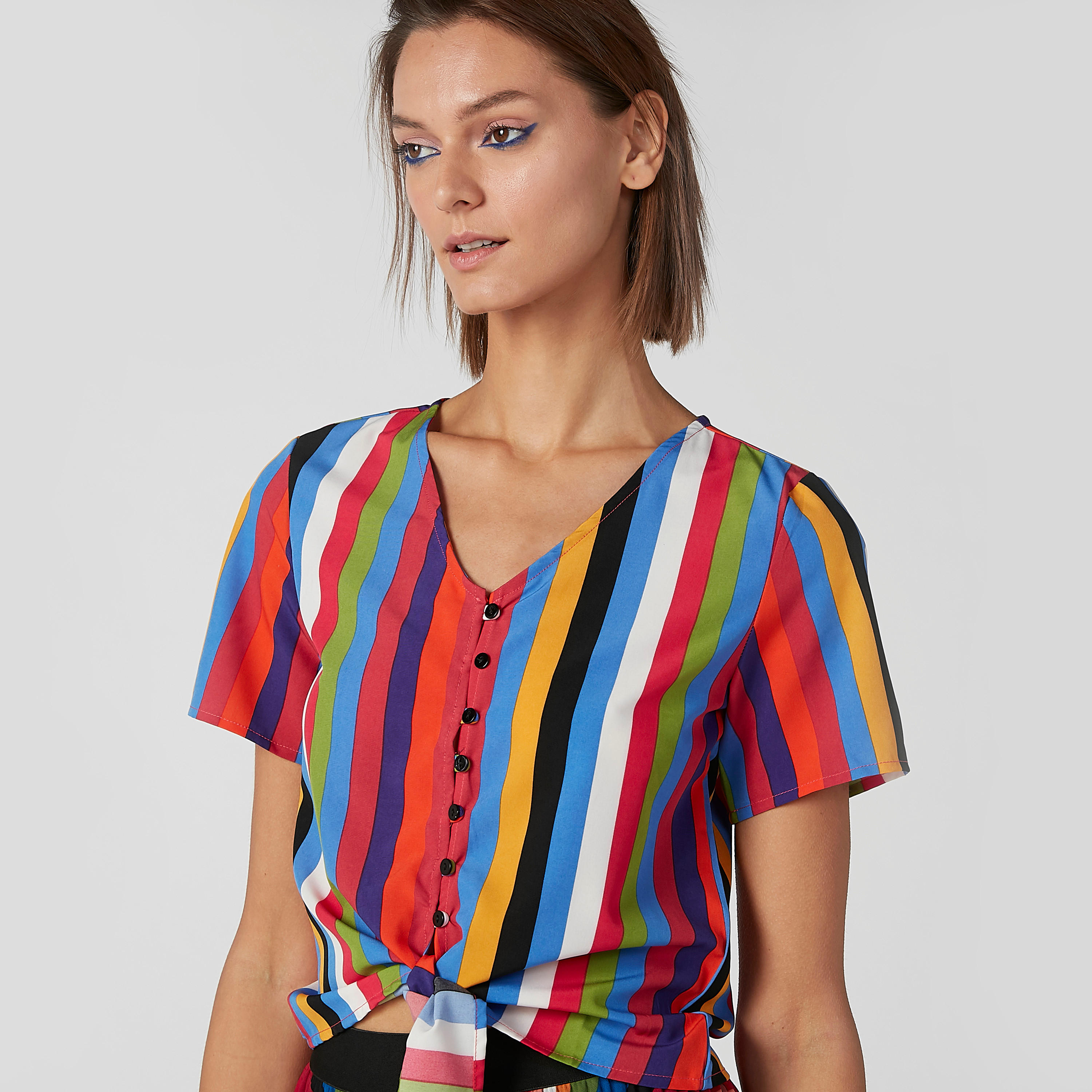 Striped Shirt with V-neck and Tie Ups-women-clothing-shirtsandblouses-shirts-image-4