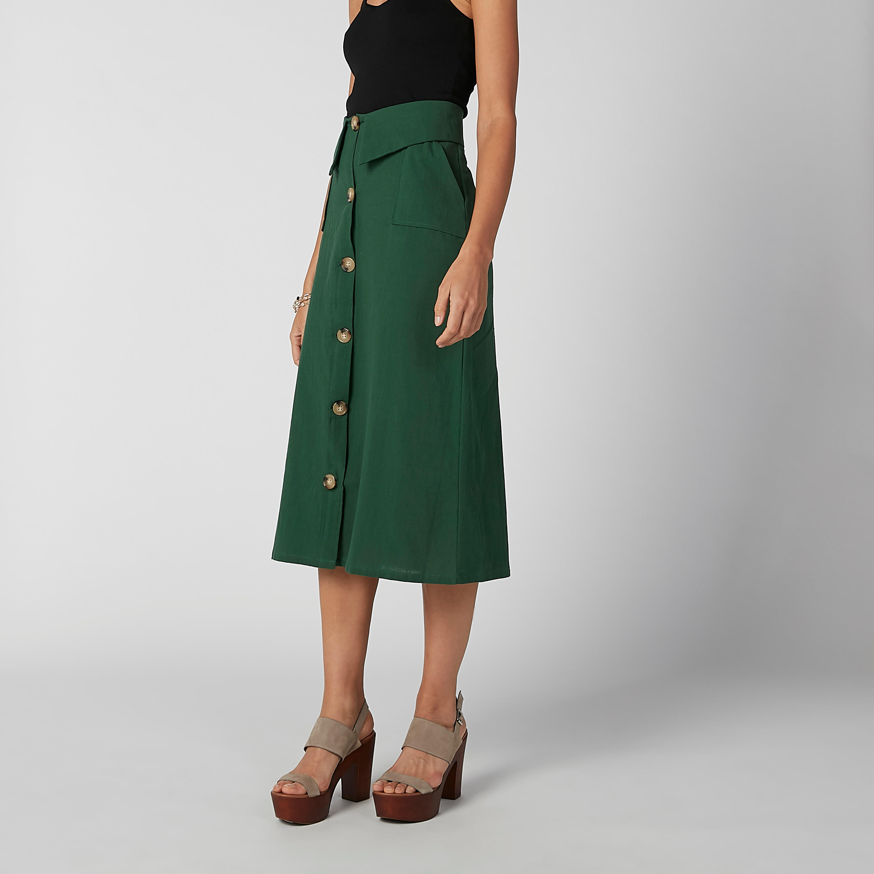 Plain Midi Shift Skirt with Button and Pocket Detail-women-clothing-bottoms-skirts-image-1