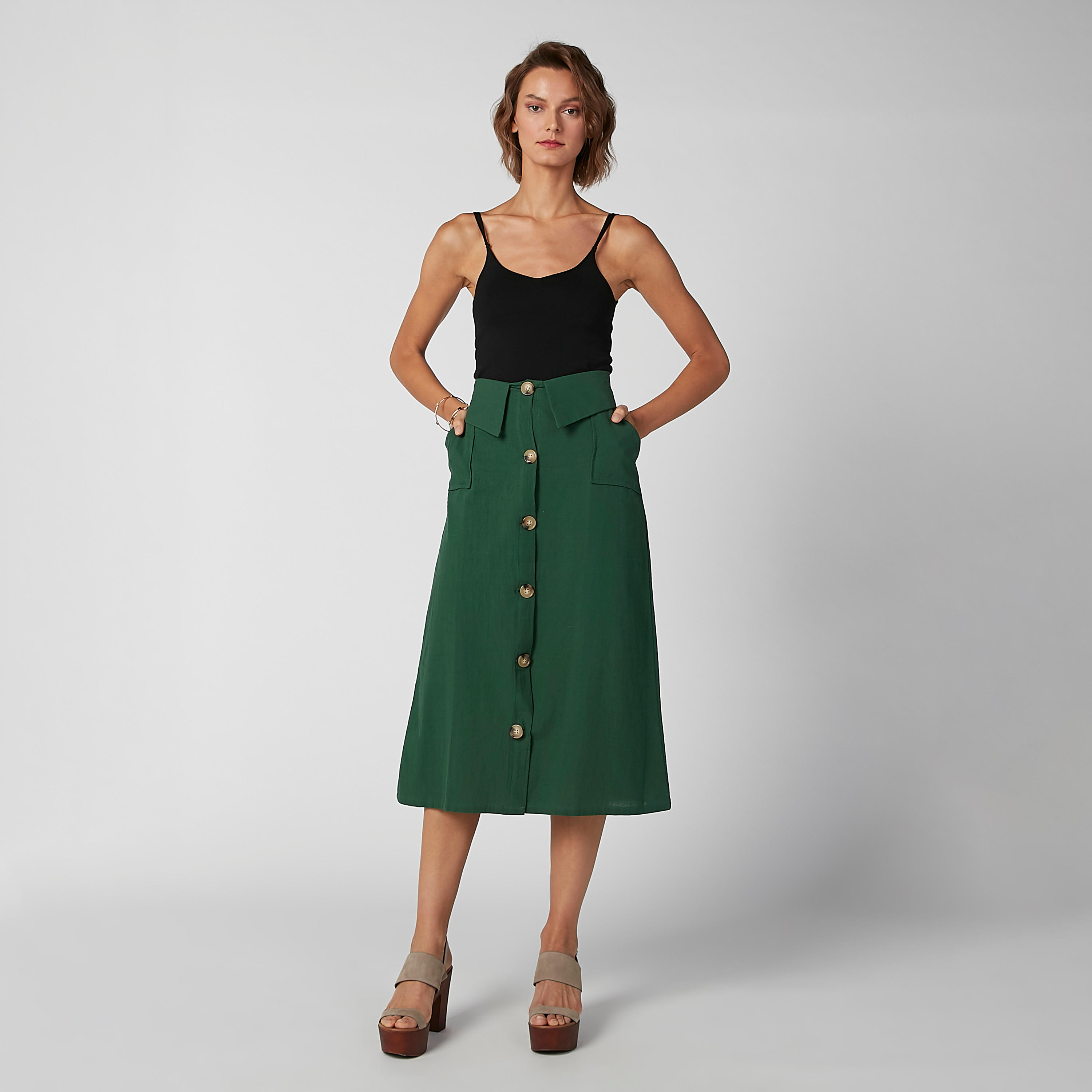Plain Midi Shift Skirt with Button and Pocket Detail-women-clothing-bottoms-skirts-image-2