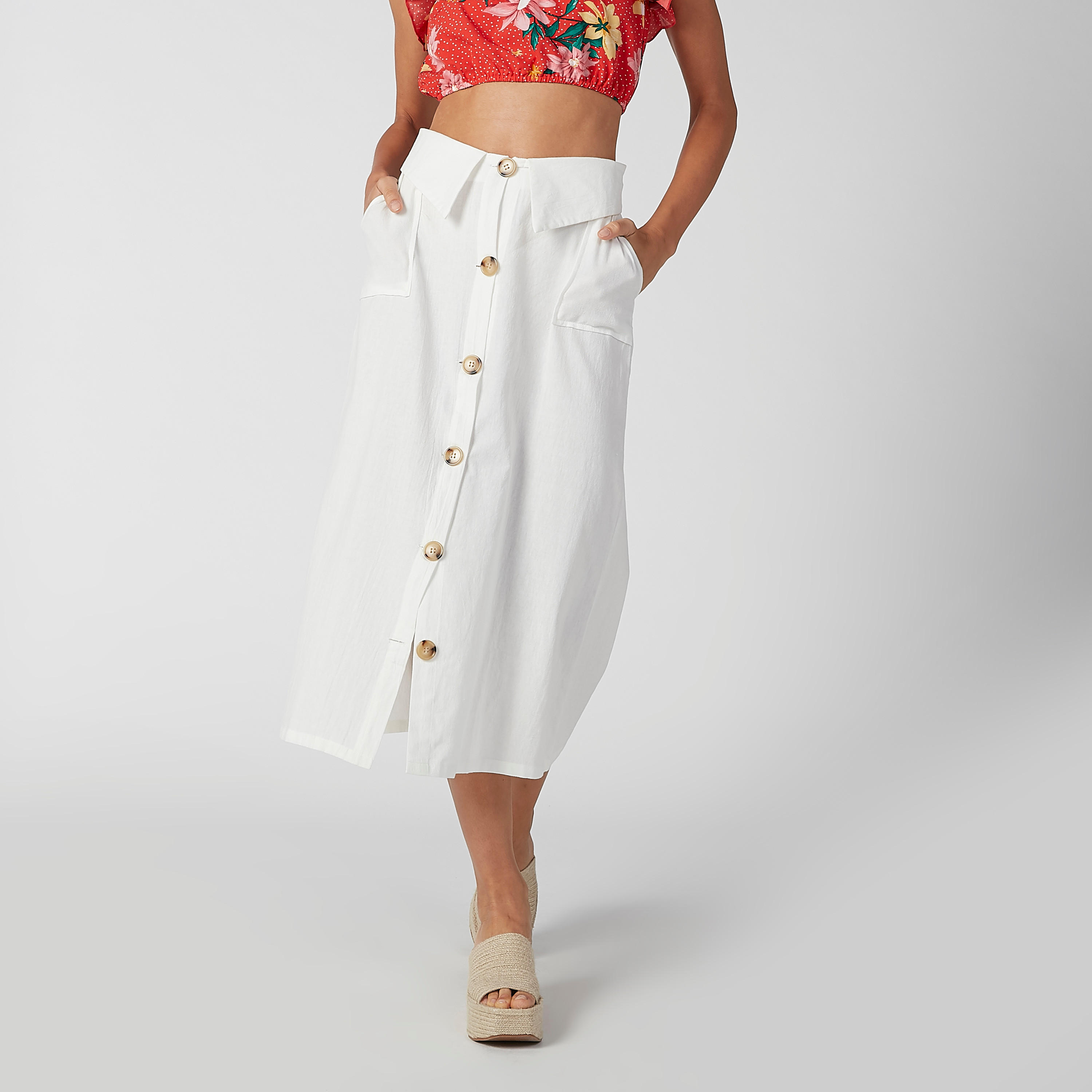 تنورة سادة إيه لاين متوسطة الطول بجيوب وأزرار-women-clothing-bottoms-skirts-image-4