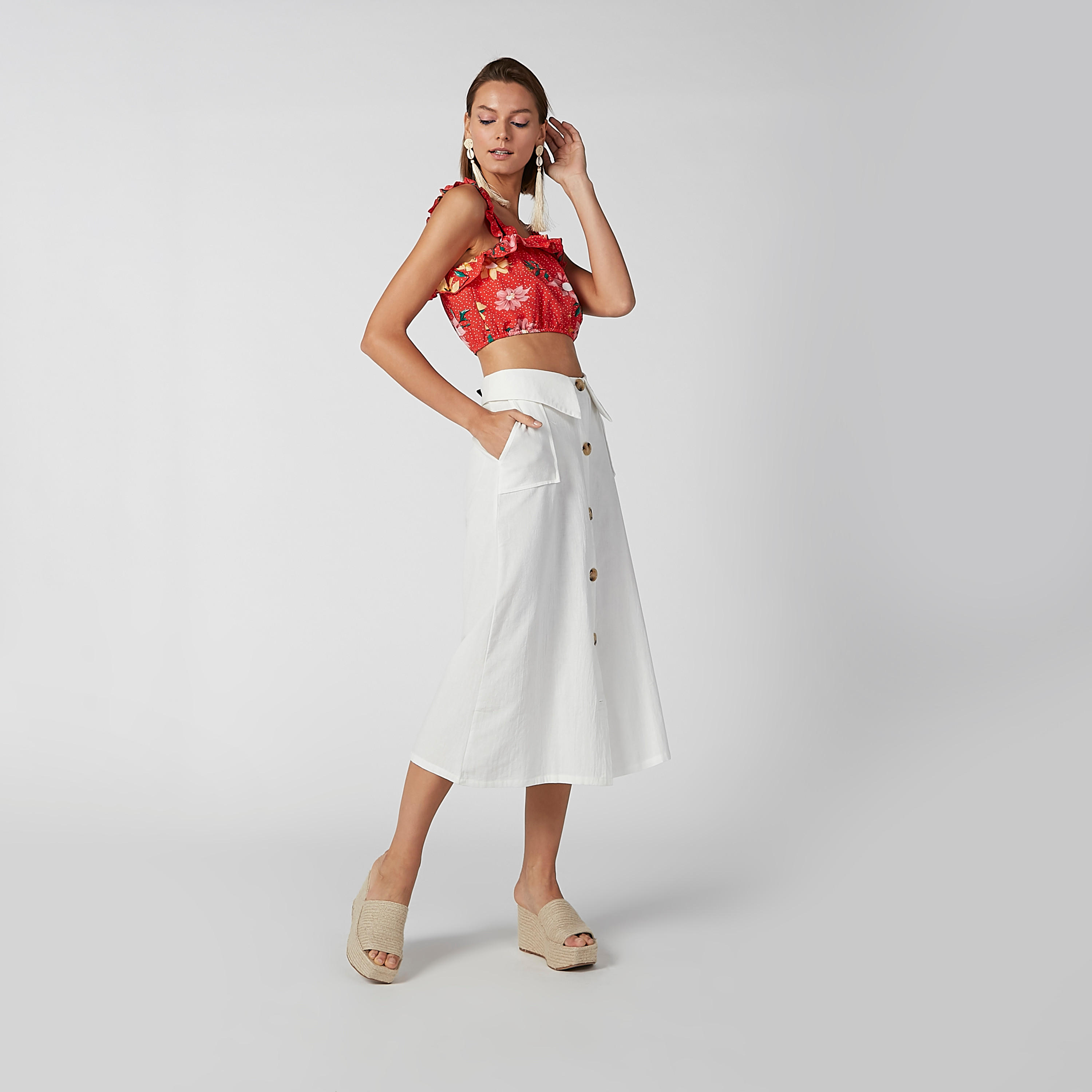 تنورة سادة إيه لاين متوسطة الطول بجيوب وأزرار-women-clothing-bottoms-skirts-image-3