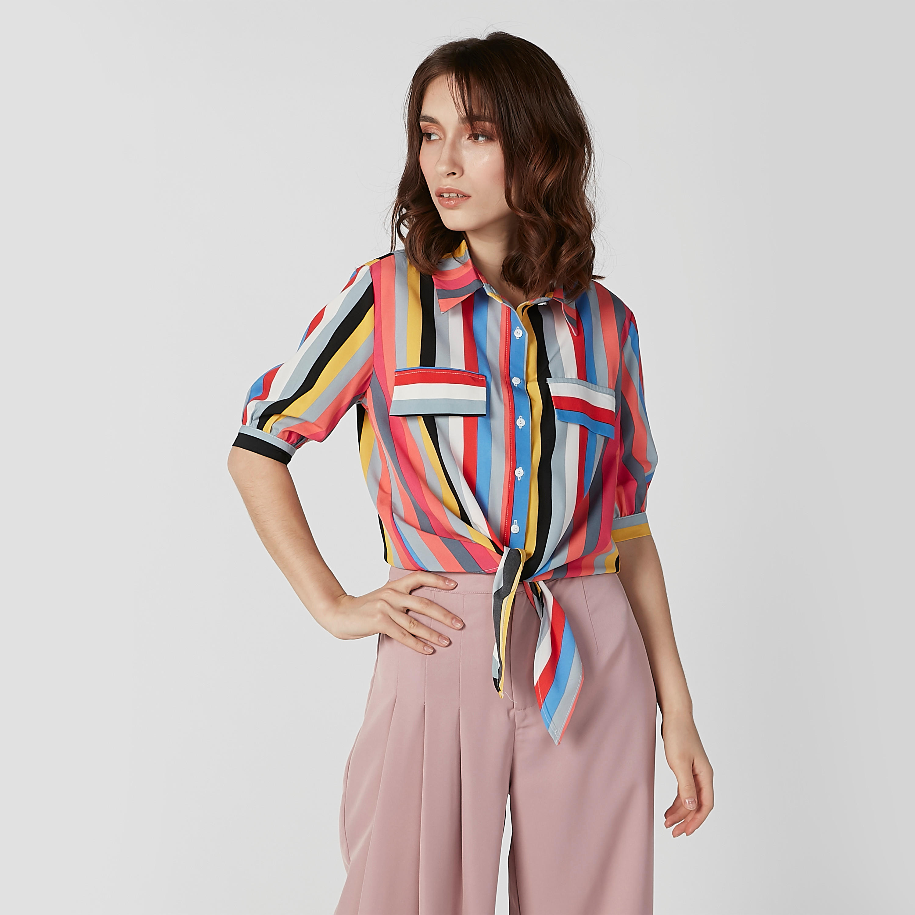 قميص مقلم بأكمام قصيرة وأربطة-women-clothing-shirtsandblouses-shirts-image-1