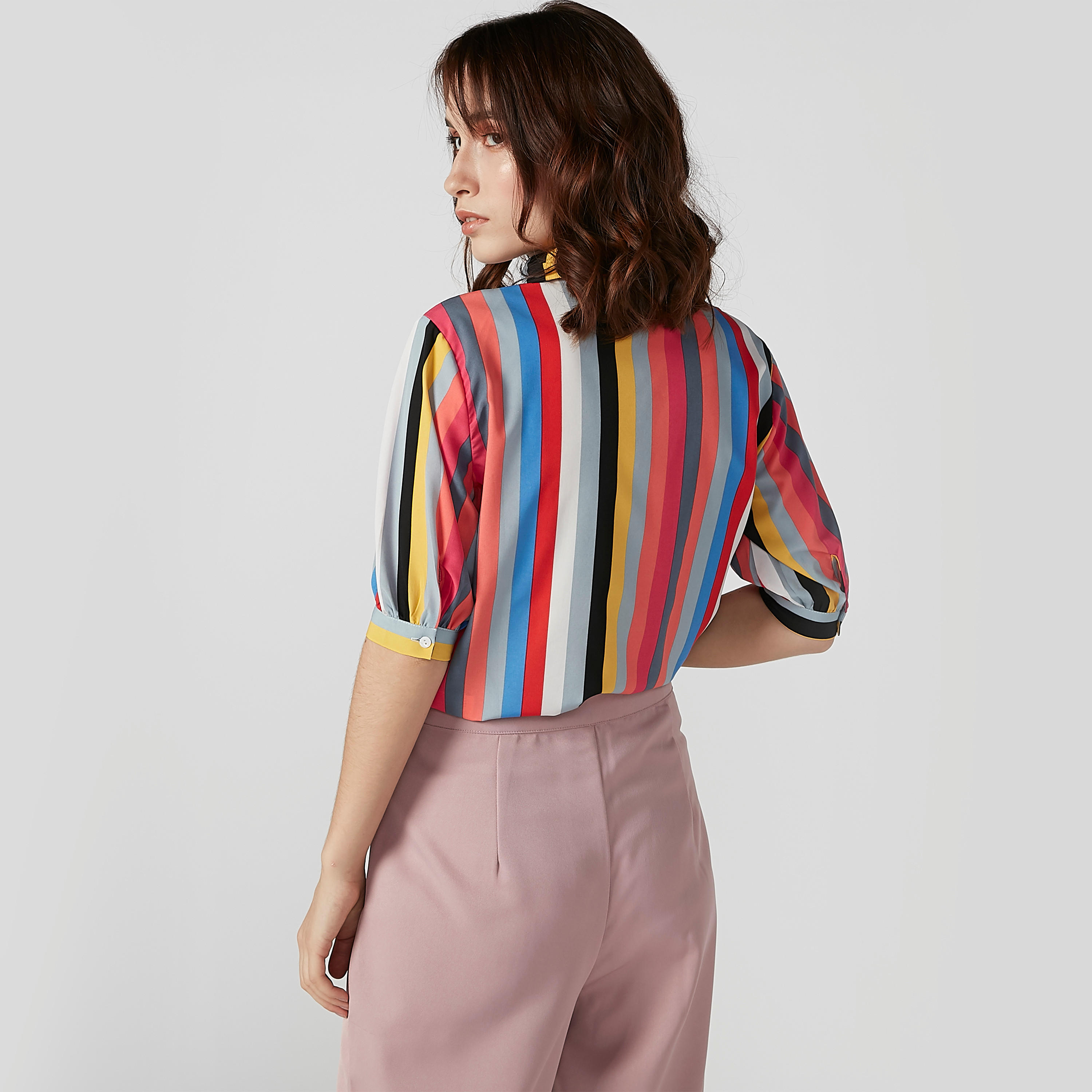 قميص مقلم بأكمام قصيرة وأربطة-women-clothing-shirtsandblouses-shirts-image-2
