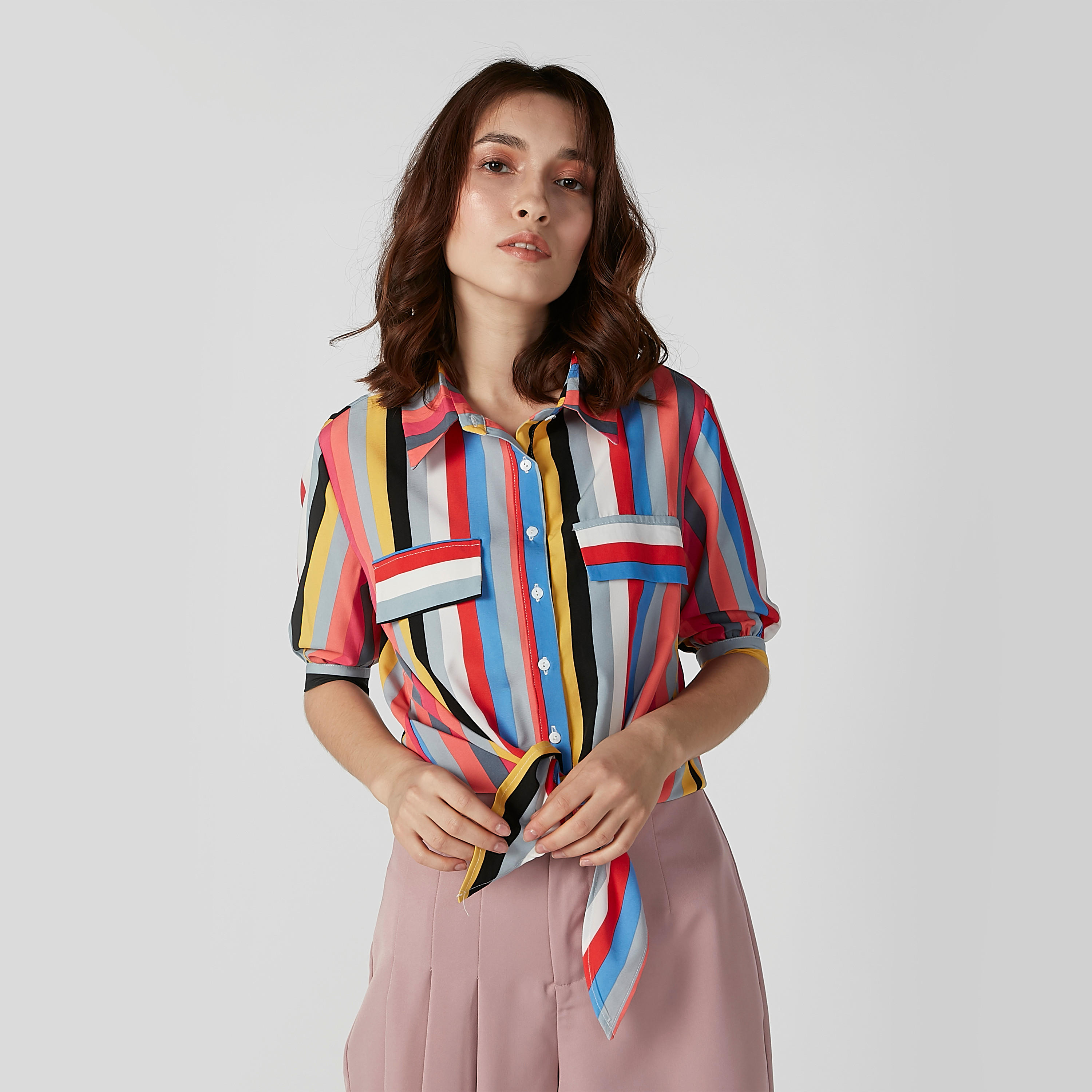 قميص مقلم بأكمام قصيرة وأربطة-women-clothing-shirtsandblouses-shirts-image-3