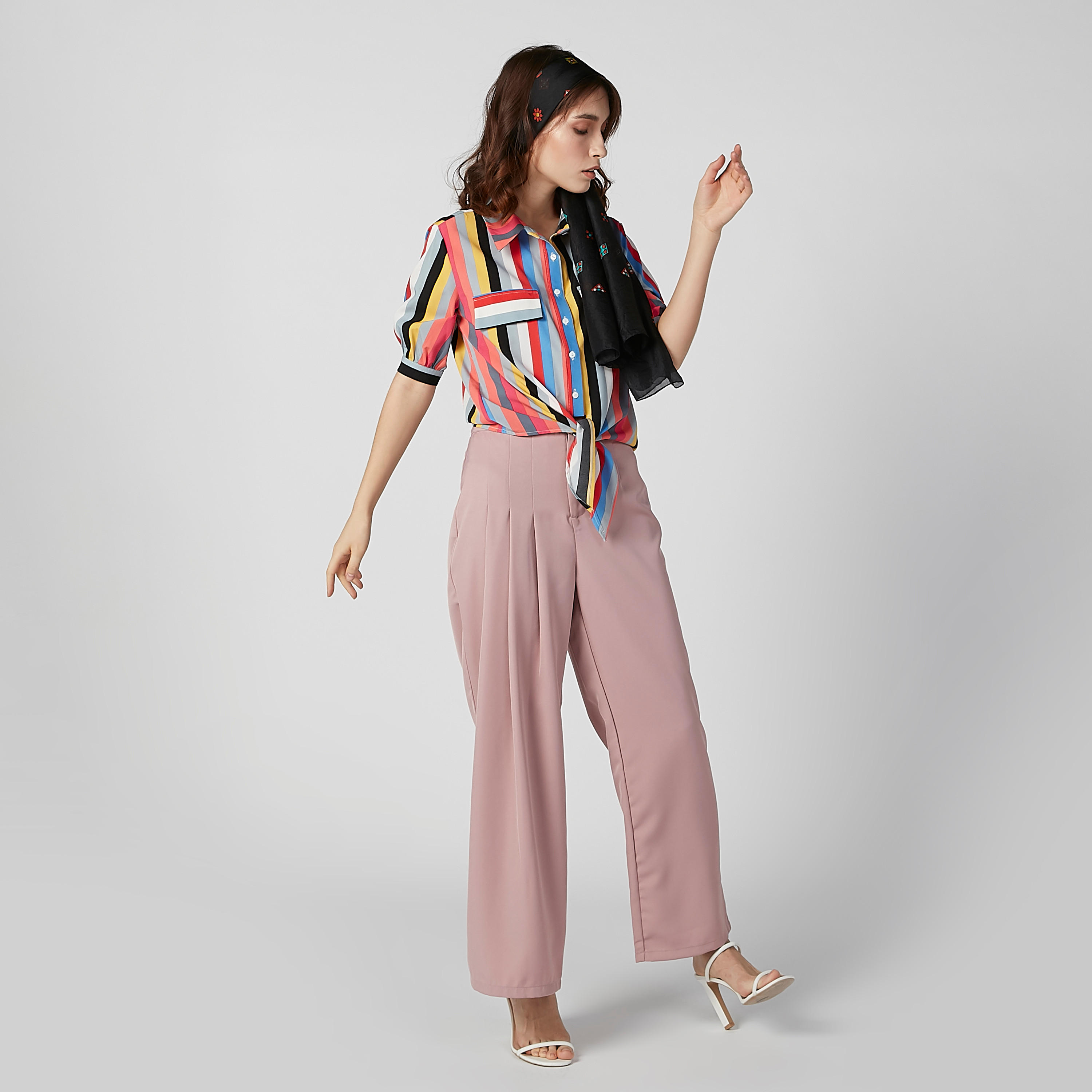 قميص مقلم بأكمام قصيرة وأربطة-women-clothing-shirtsandblouses-shirts-image-4