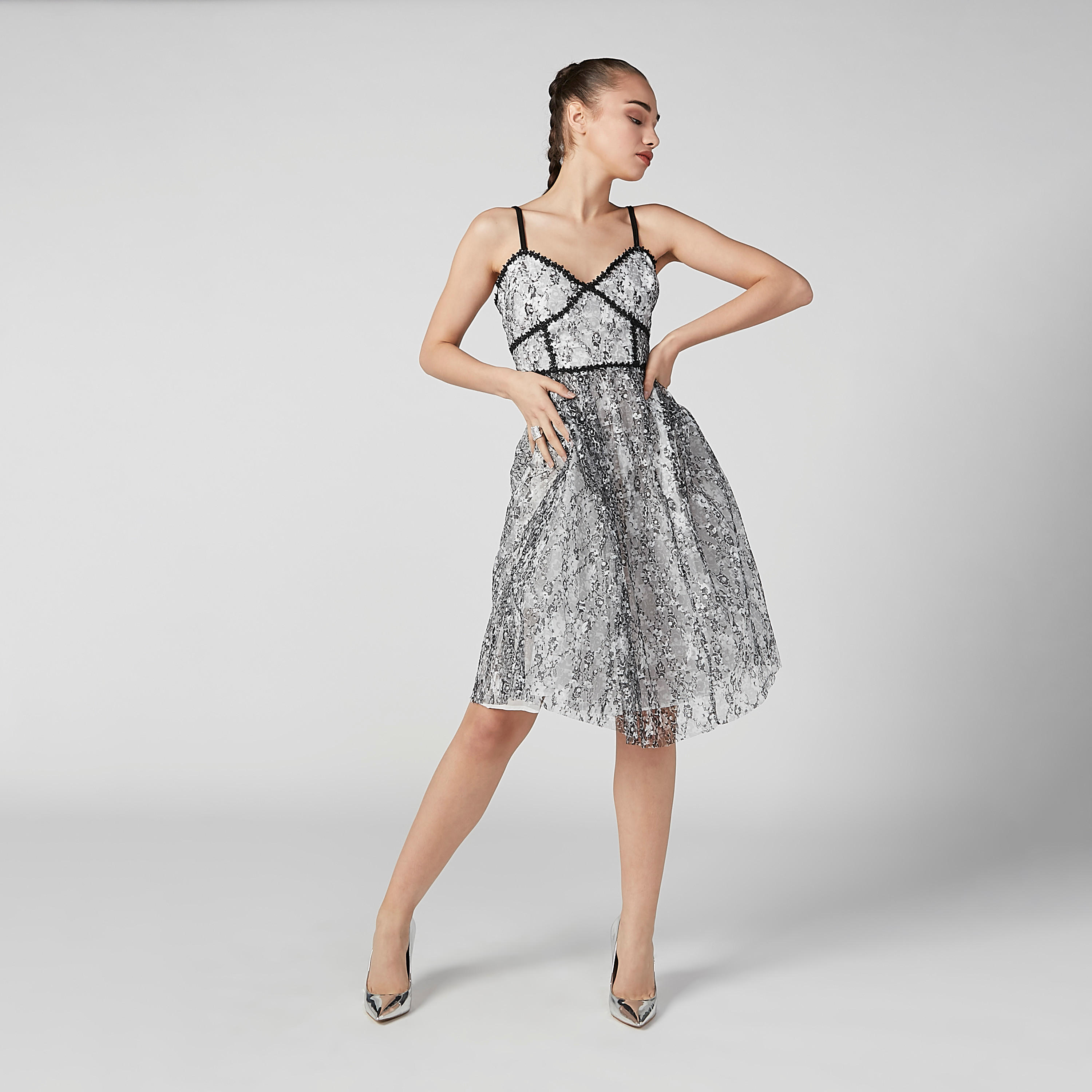 فستان بارز الملمس إيه لاين متوسط الطول بحمّالات رفيعة وسحّاب إغلاق-women-clothing-dresses-image-1