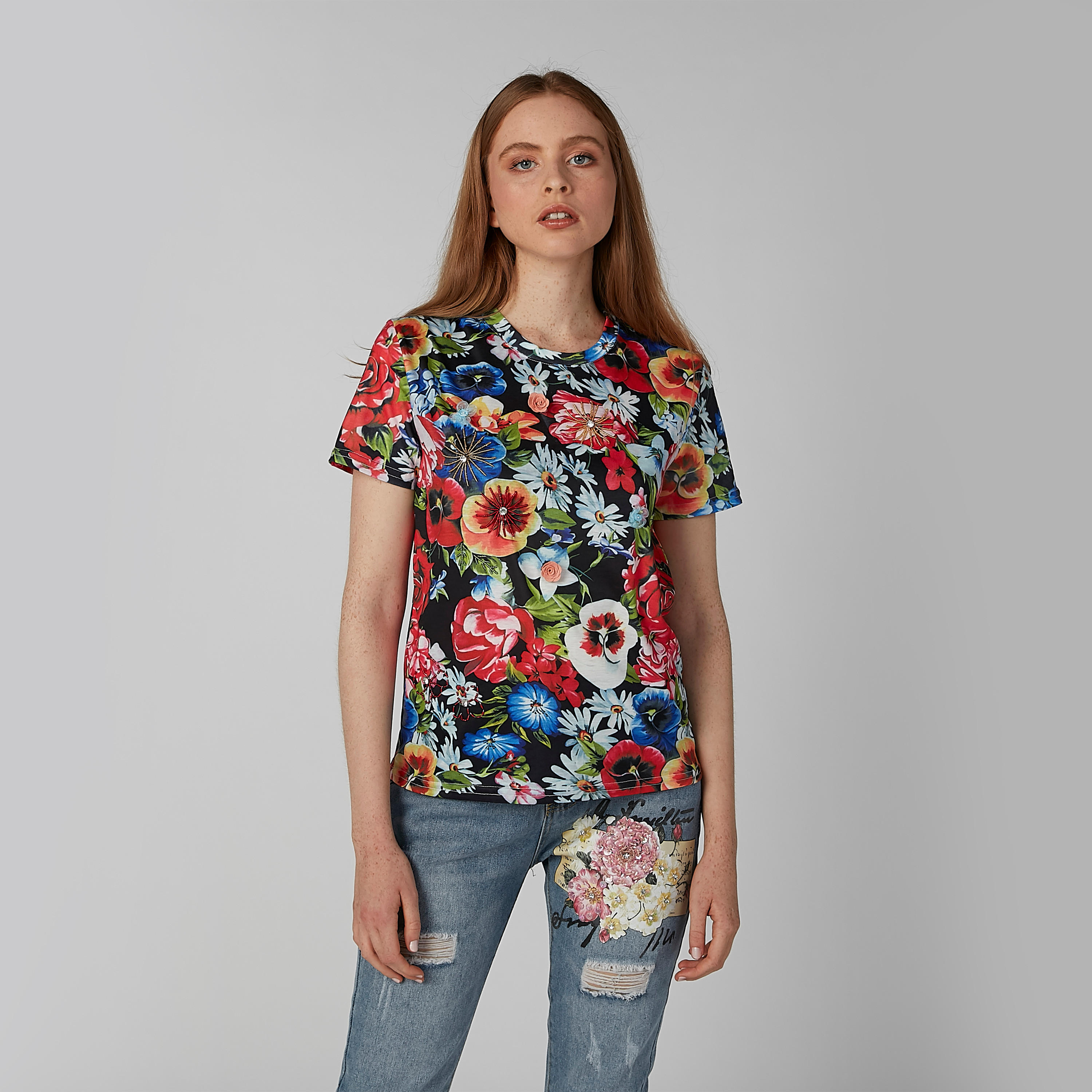 تيشيرت بياقة مستديرة وأكمام قصيرة وطبعات زهرية-women-clothing-tshirts-image-1