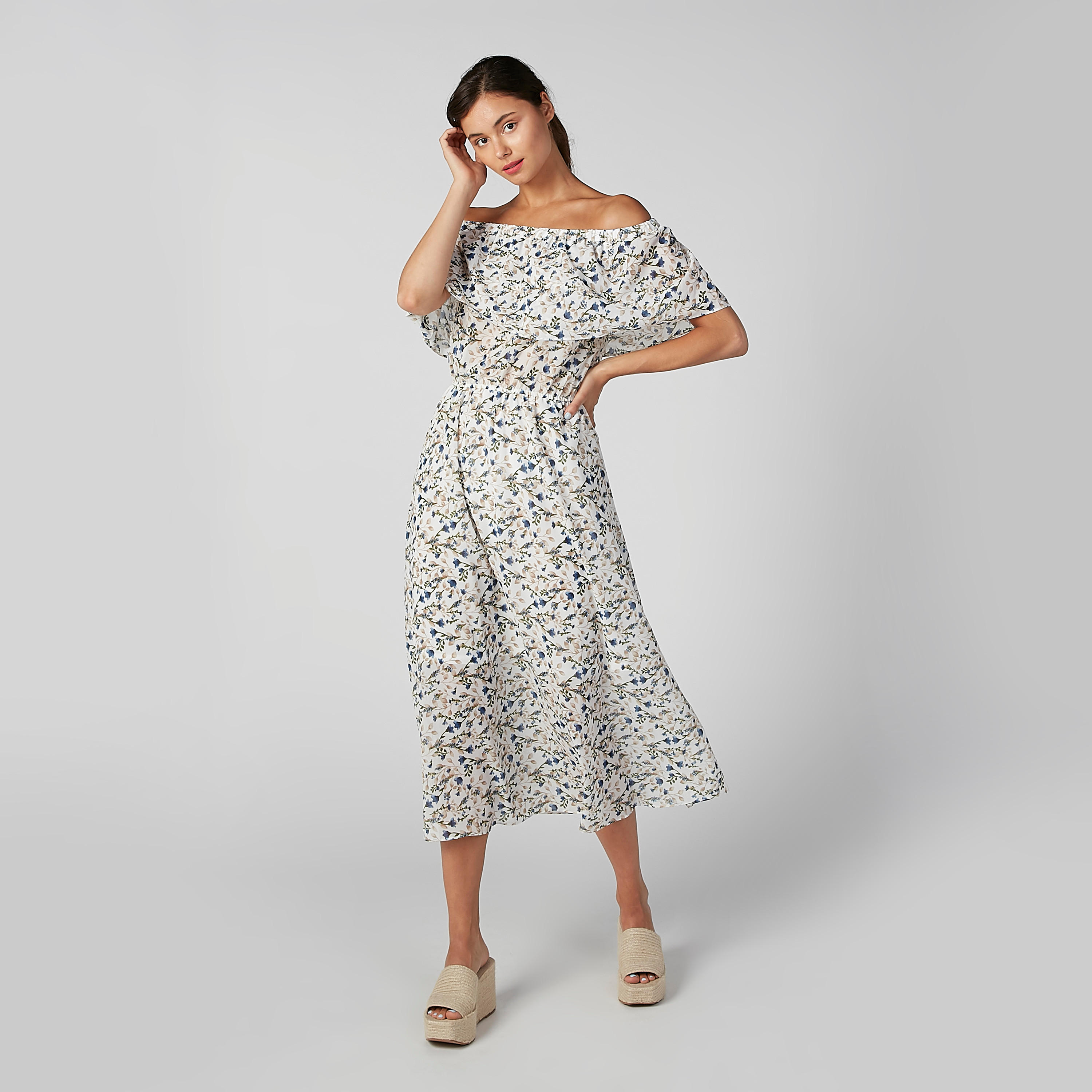 فستان إيه لاين متوسط الطول بأكتاف مكشوفة وطبعات زهرية من تو إكستريمز-women-clothing-dresses-image-1
