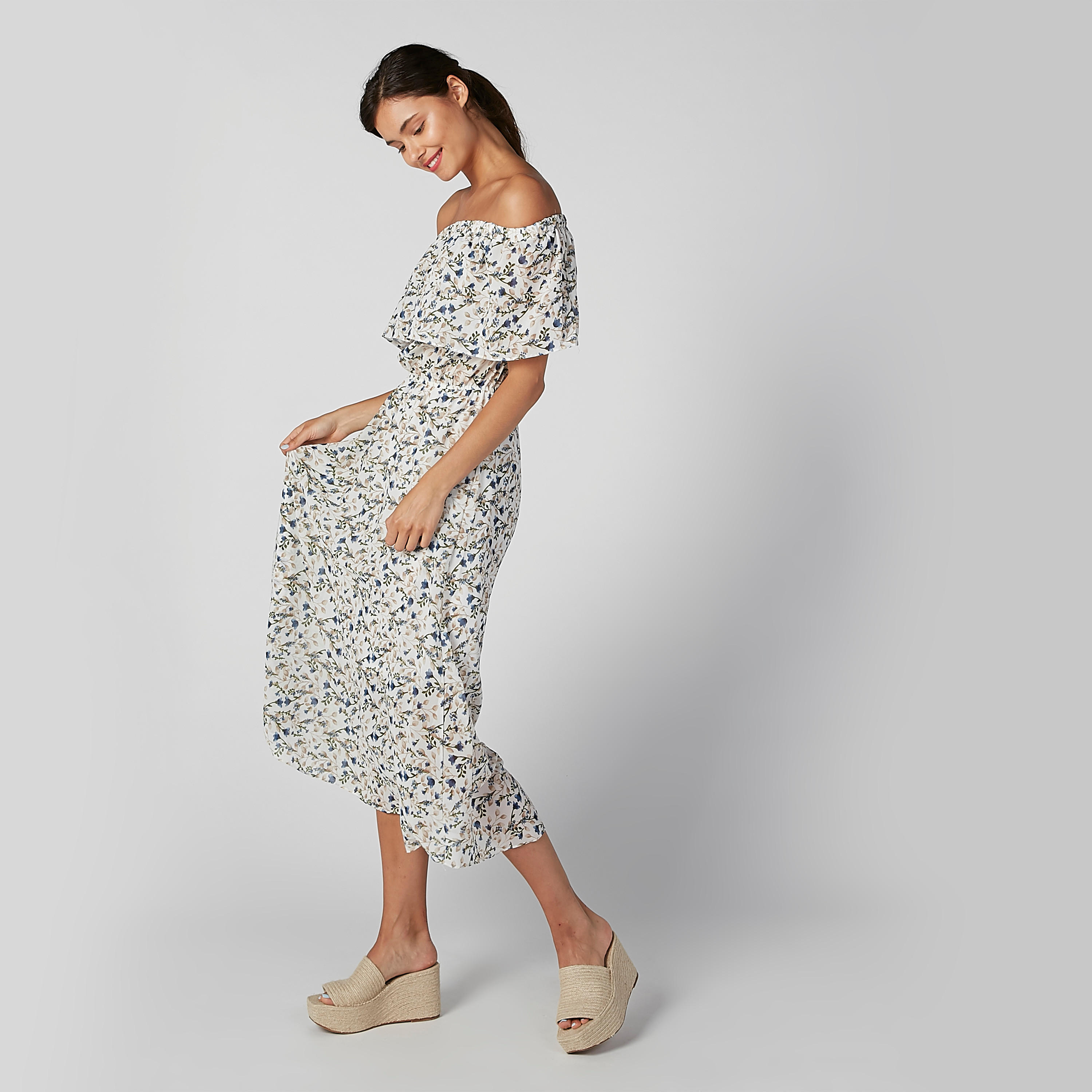 فستان إيه لاين متوسط الطول بأكتاف مكشوفة وطبعات زهرية من تو إكستريمز-women-clothing-dresses-image-2