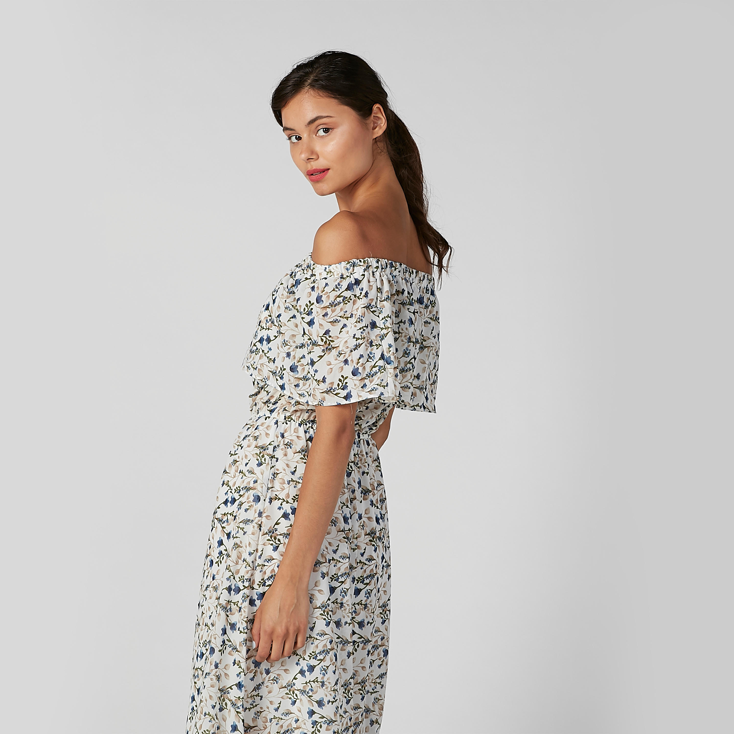 فستان إيه لاين متوسط الطول بأكتاف مكشوفة وطبعات زهرية من تو إكستريمز-women-clothing-dresses-image-3