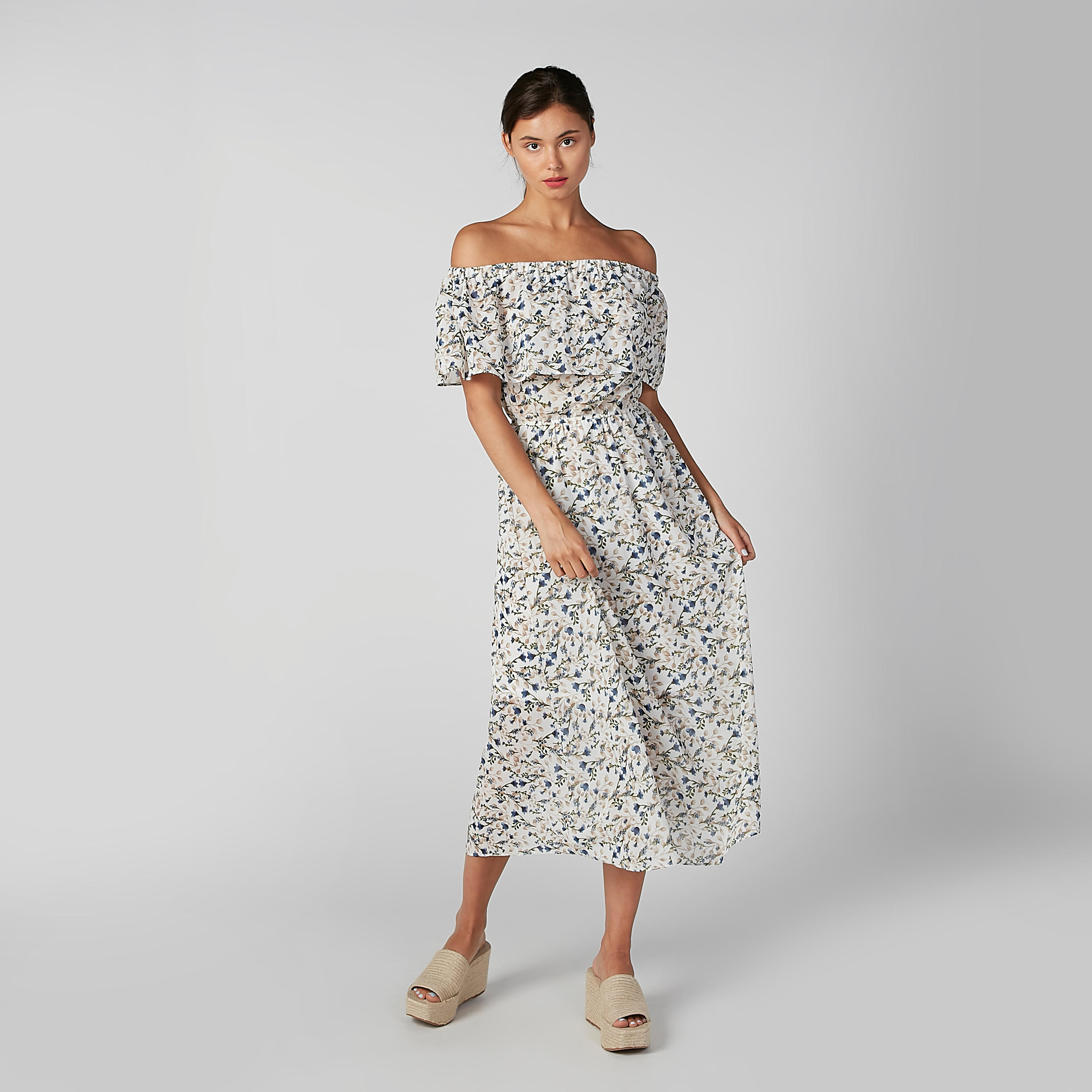 فستان إيه لاين متوسط الطول بأكتاف مكشوفة وطبعات زهرية من تو إكستريمز-women-clothing-dresses-image-4