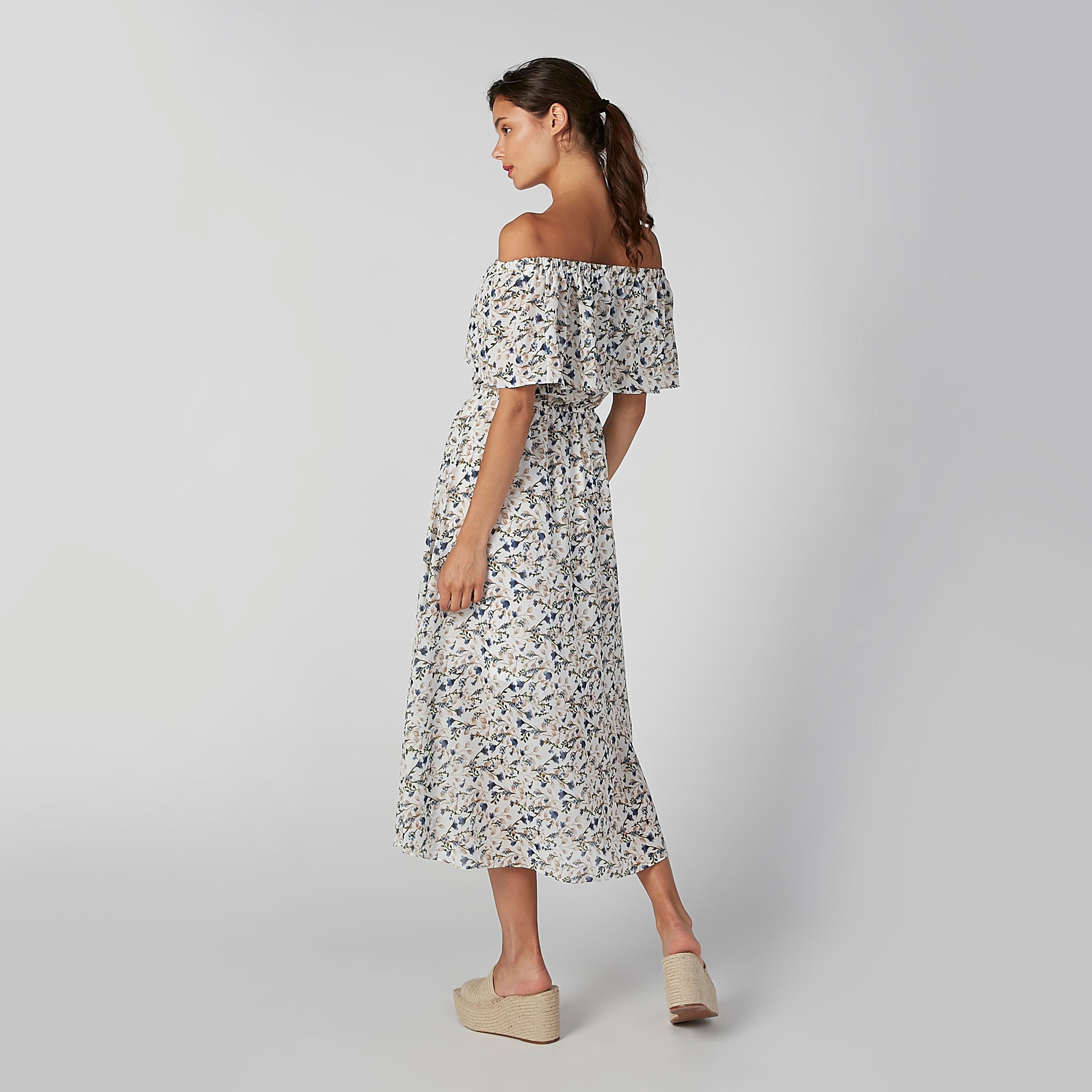 فستان إيه لاين متوسط الطول بأكتاف مكشوفة وطبعات زهرية من تو إكستريمز-women-clothing-dresses-image-5