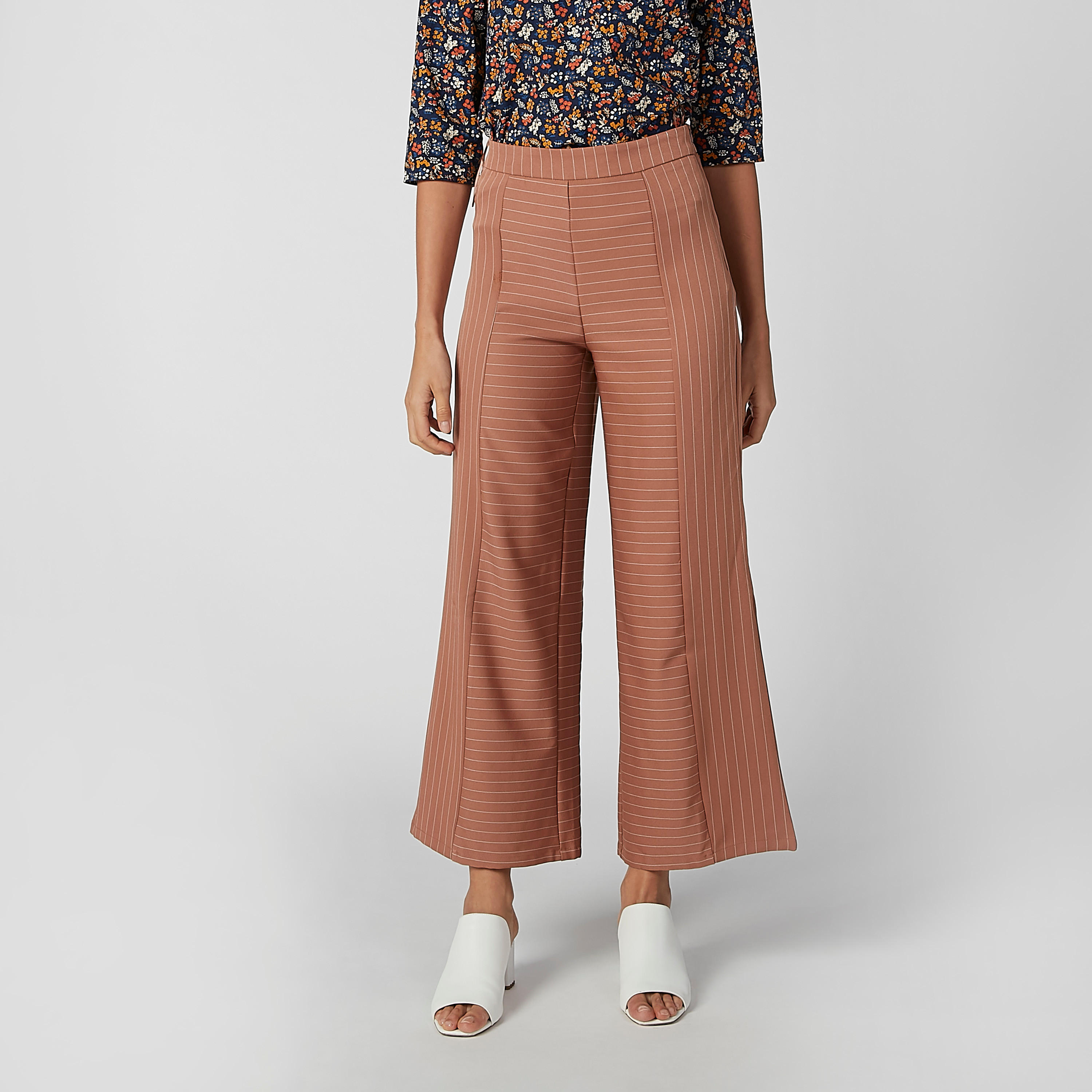 بنطال بالازو مقلّم بخصر مطّاطي متوسط الارتفاع-women-clothing-bottoms-trousers-image-2