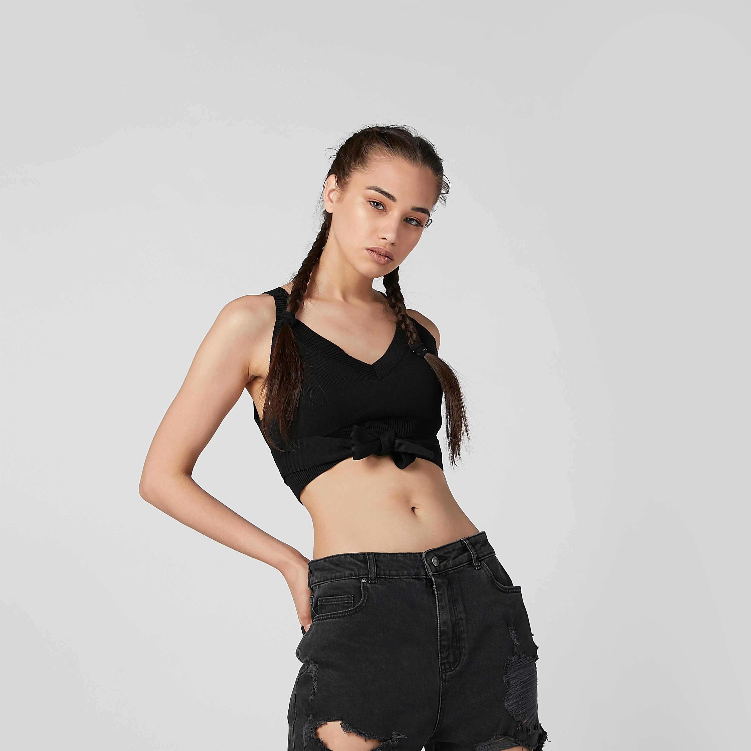 Plain Sleeveless Crop Top with V-neck and Bow Applique-women-clothing-shirtsandblouses-blouses-image-1