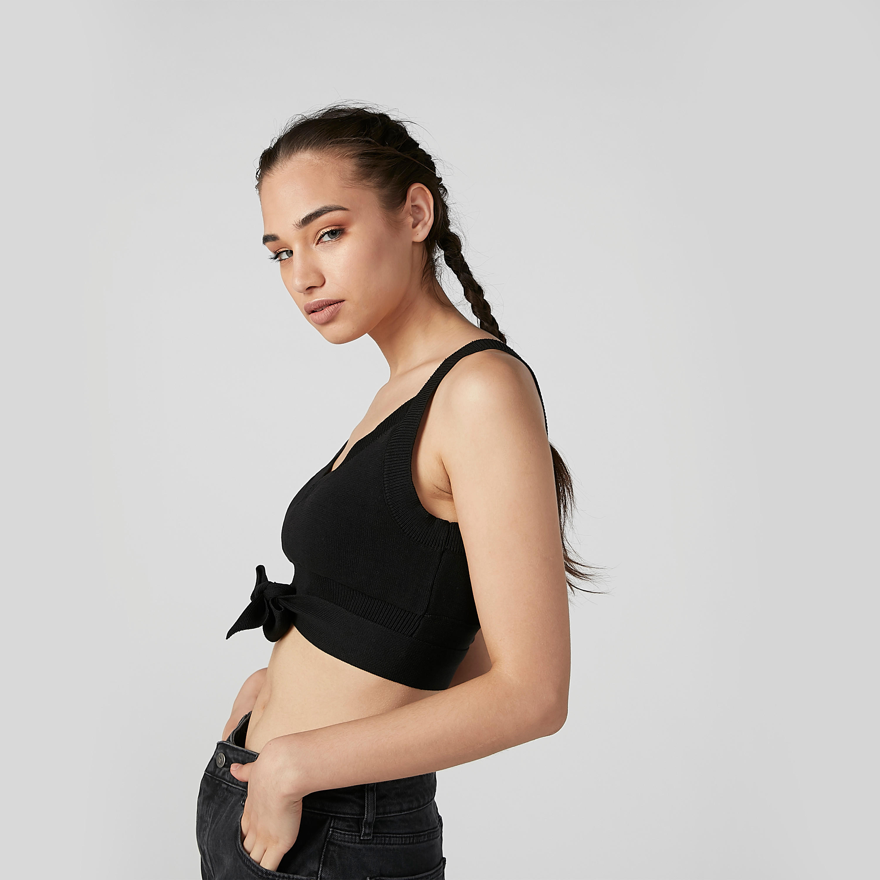 Plain Sleeveless Crop Top with V-neck and Bow Applique-women-clothing-shirtsandblouses-blouses-image-4