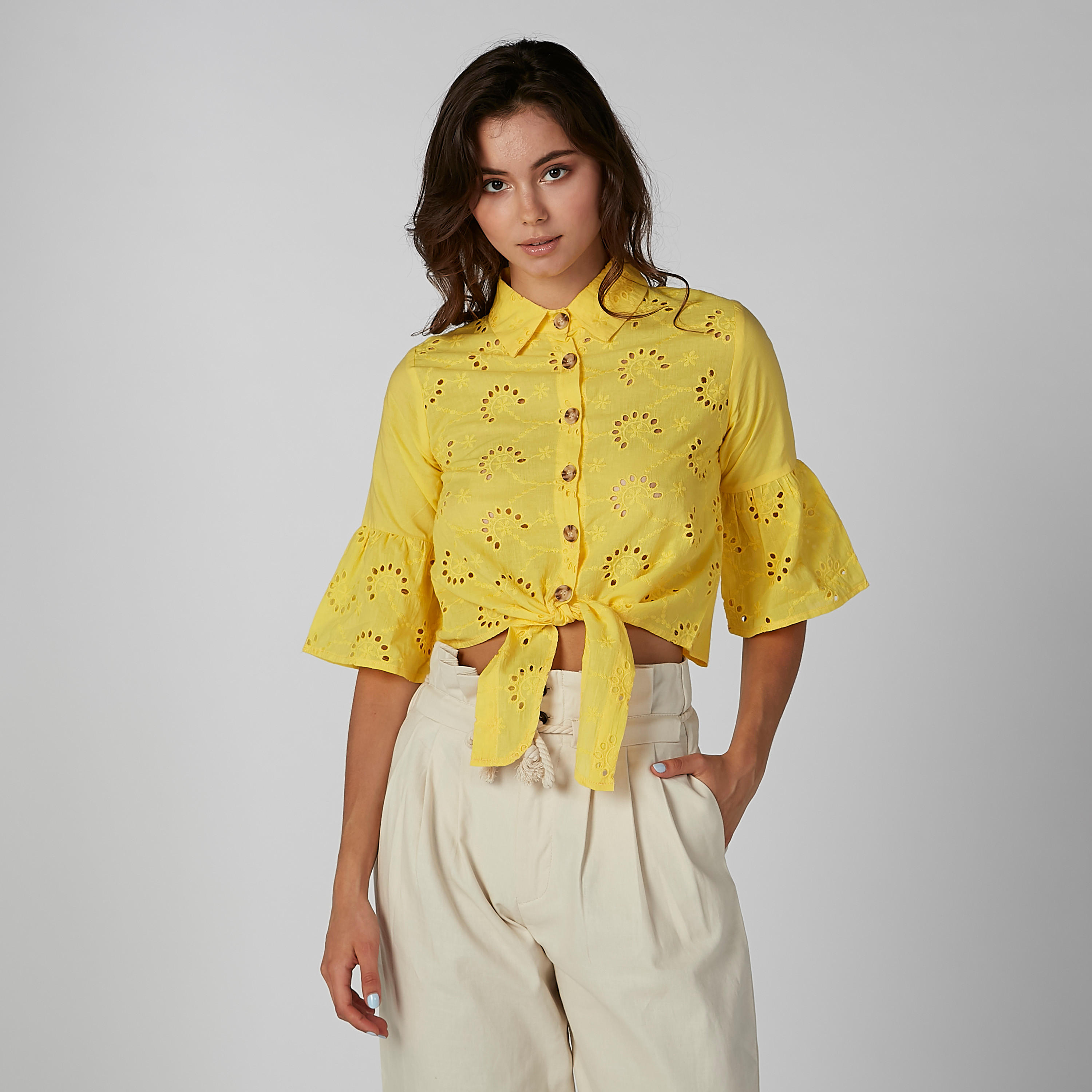 قميص شيفلي قصير بأكمام قصيرة وأربطة-women-clothing-shirtsandblouses-shirts-image-4