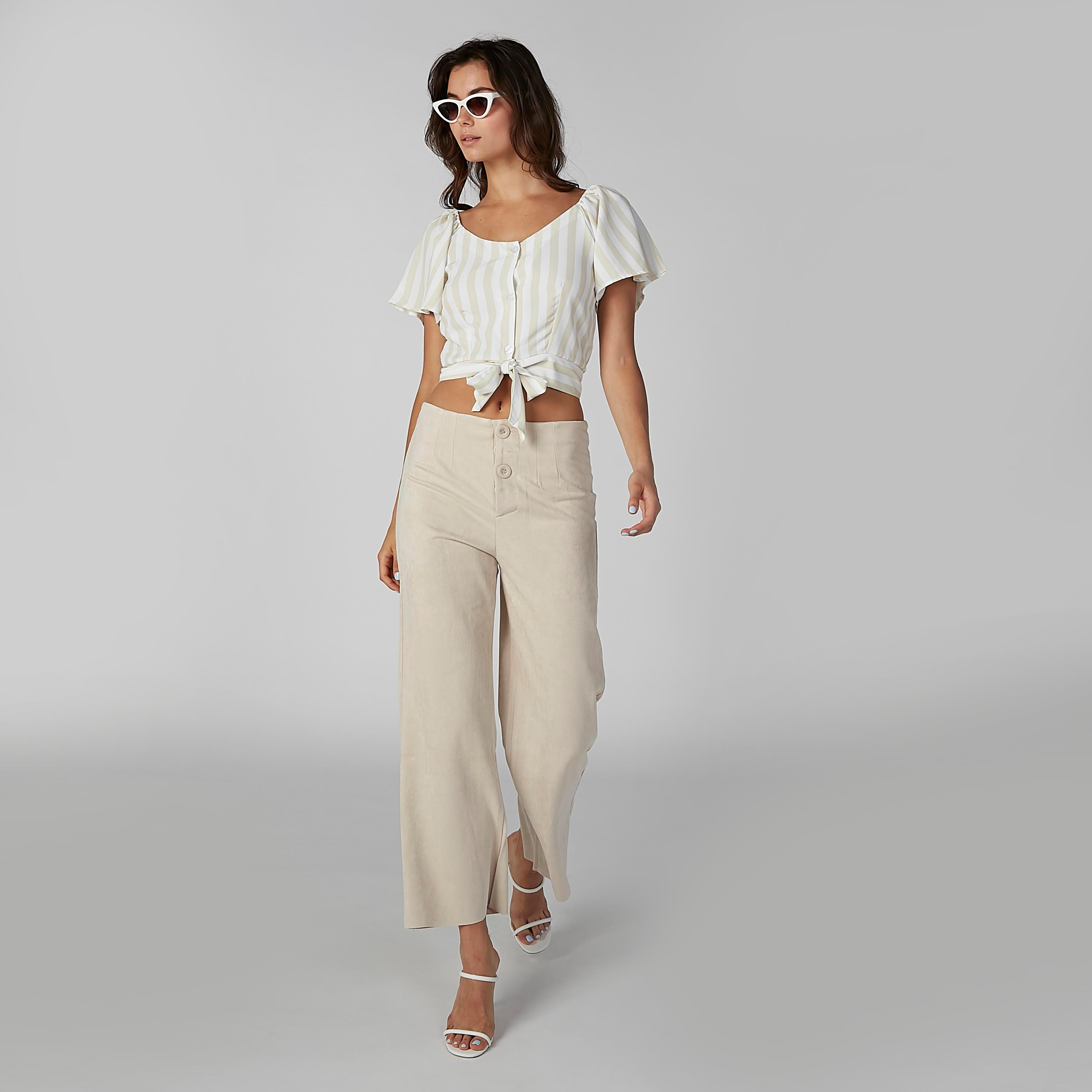 بلوزة قصيرة مقلمة بأكمام قصيرة وأربطة-women-clothing-shirtsandblouses-blouses-image-1