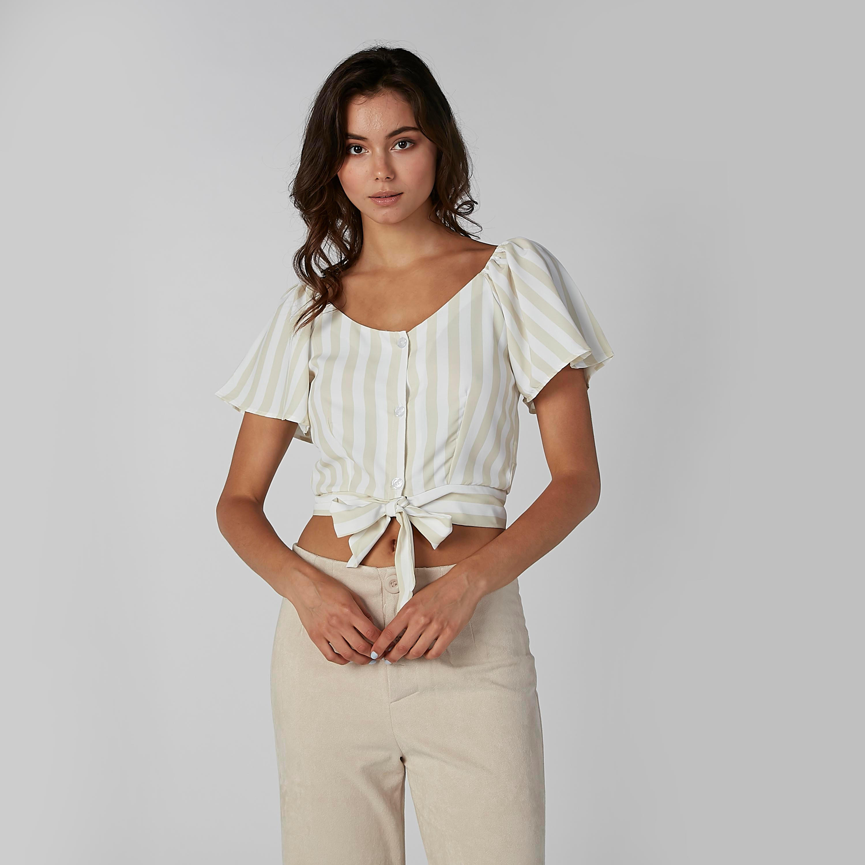 بلوزة قصيرة مقلمة بأكمام قصيرة وأربطة-women-clothing-shirtsandblouses-blouses-image-2
