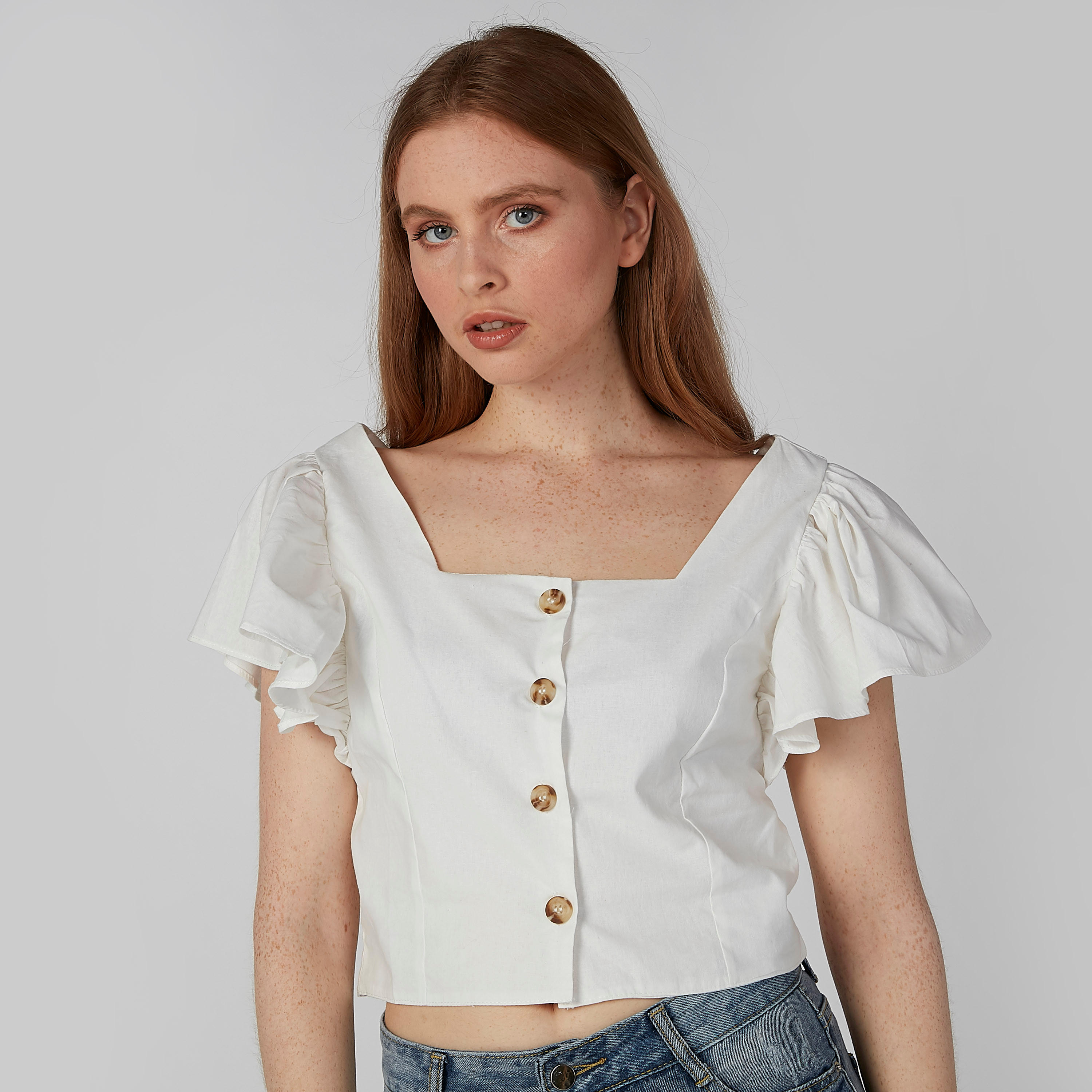 بلوزة قصيرة ضيقة سادة مع أكمام كشكش-women-clothing-shirtsandblouses-blouses-image-1