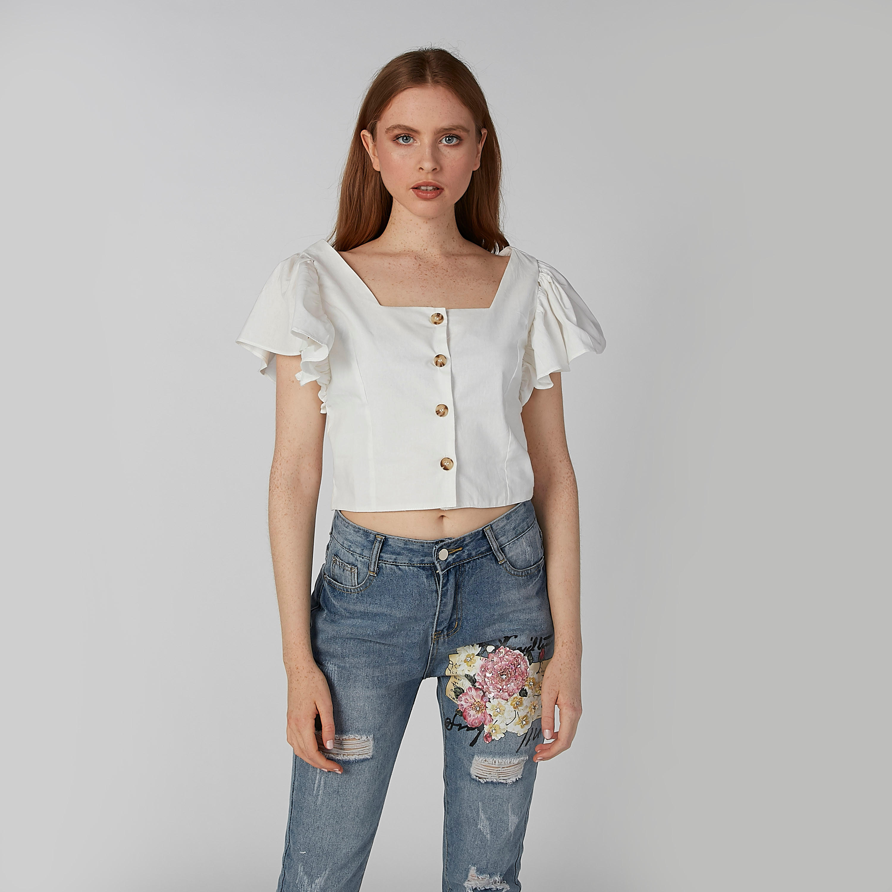 بلوزة قصيرة ضيقة سادة مع أكمام كشكش-women-clothing-shirtsandblouses-blouses-image-4