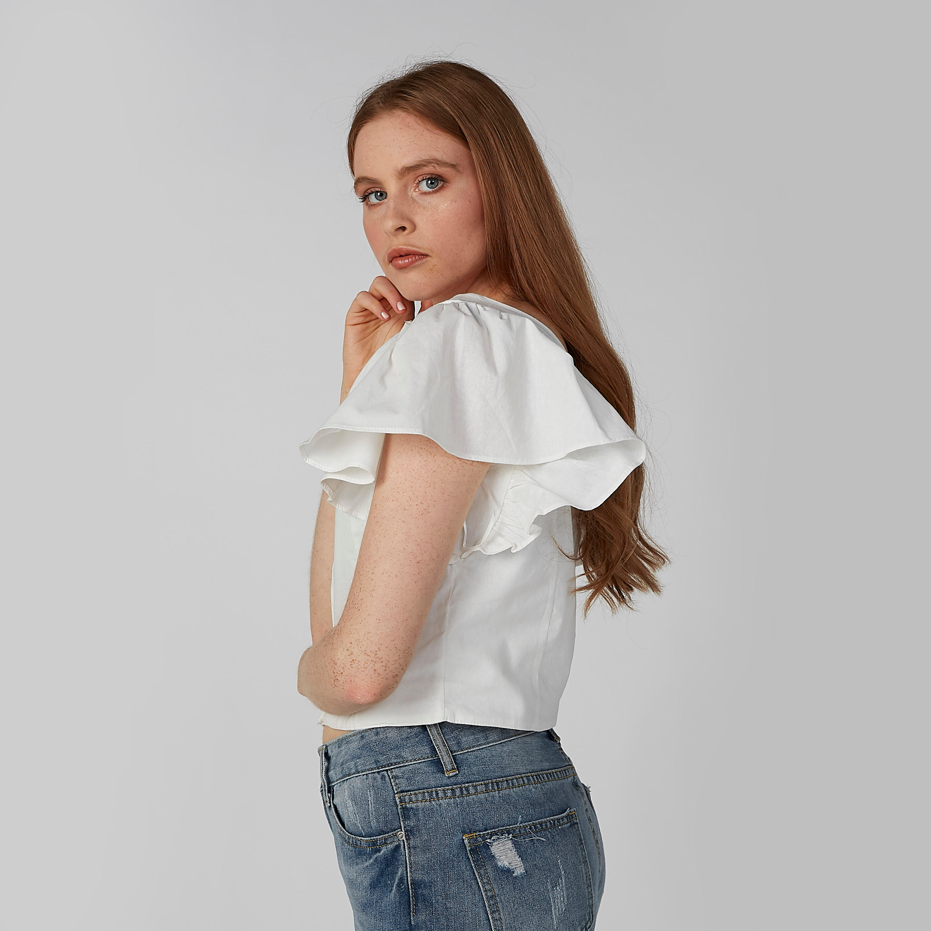 بلوزة قصيرة ضيقة سادة مع أكمام كشكش-women-clothing-shirtsandblouses-blouses-image-5