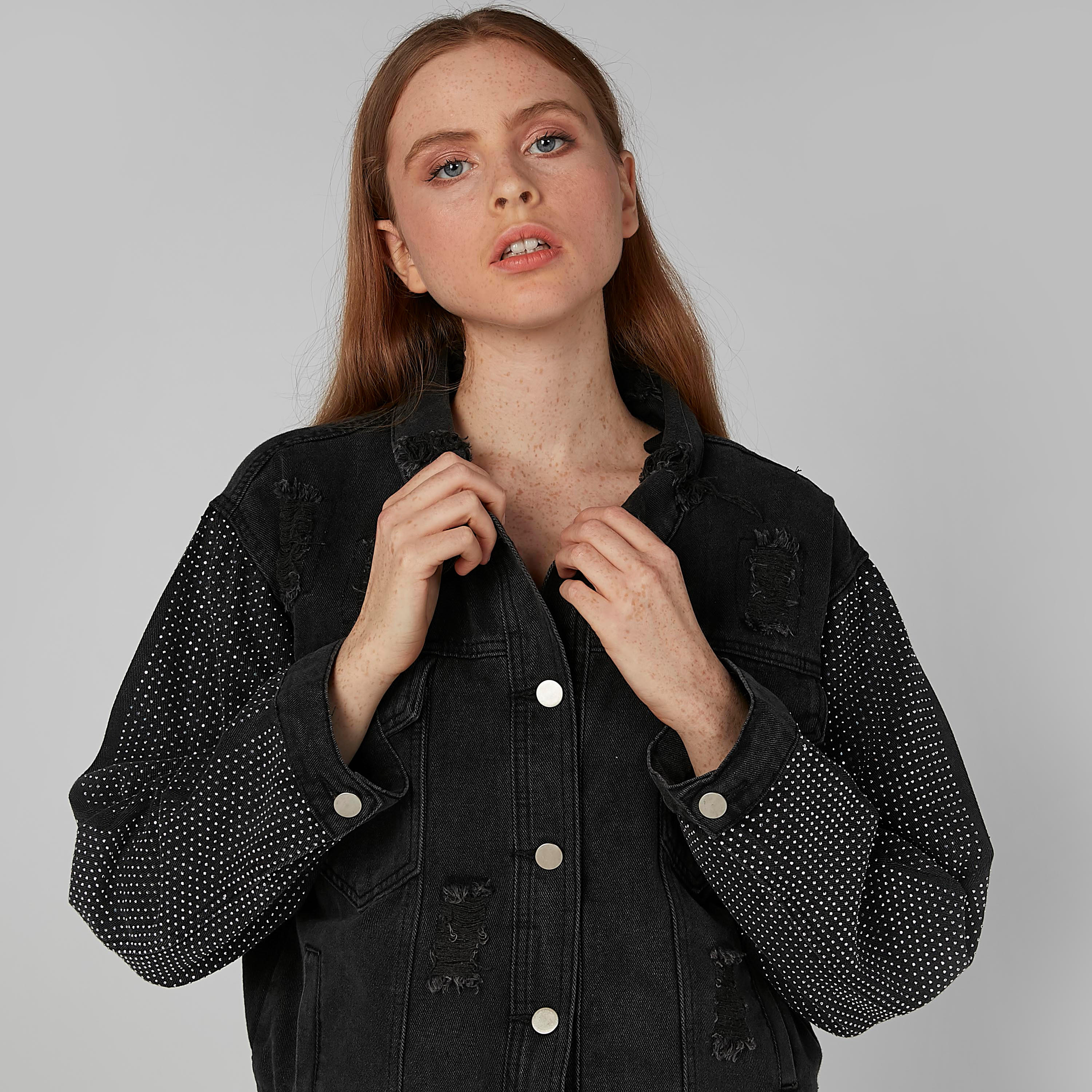 Studded Denim Jacket with Long Sleeves and Button Closure-women-winterwear-coatsandjackets-jackets-image-2