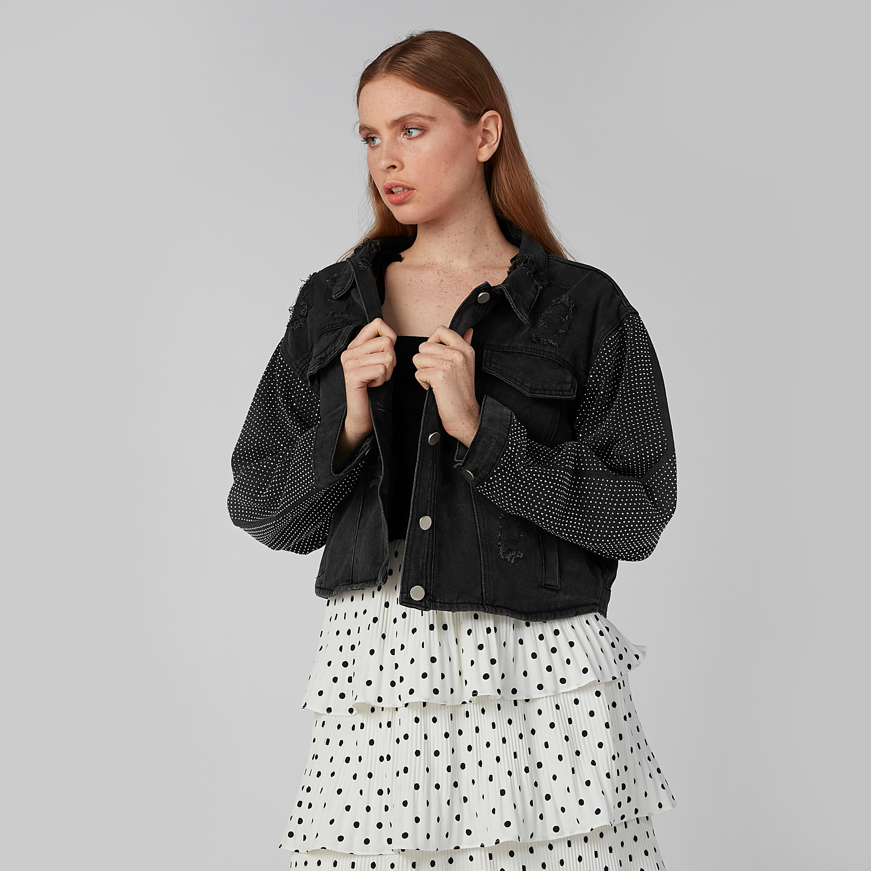 Studded Denim Jacket with Long Sleeves and Button Closure-women-winterwear-coatsandjackets-jackets-image-3