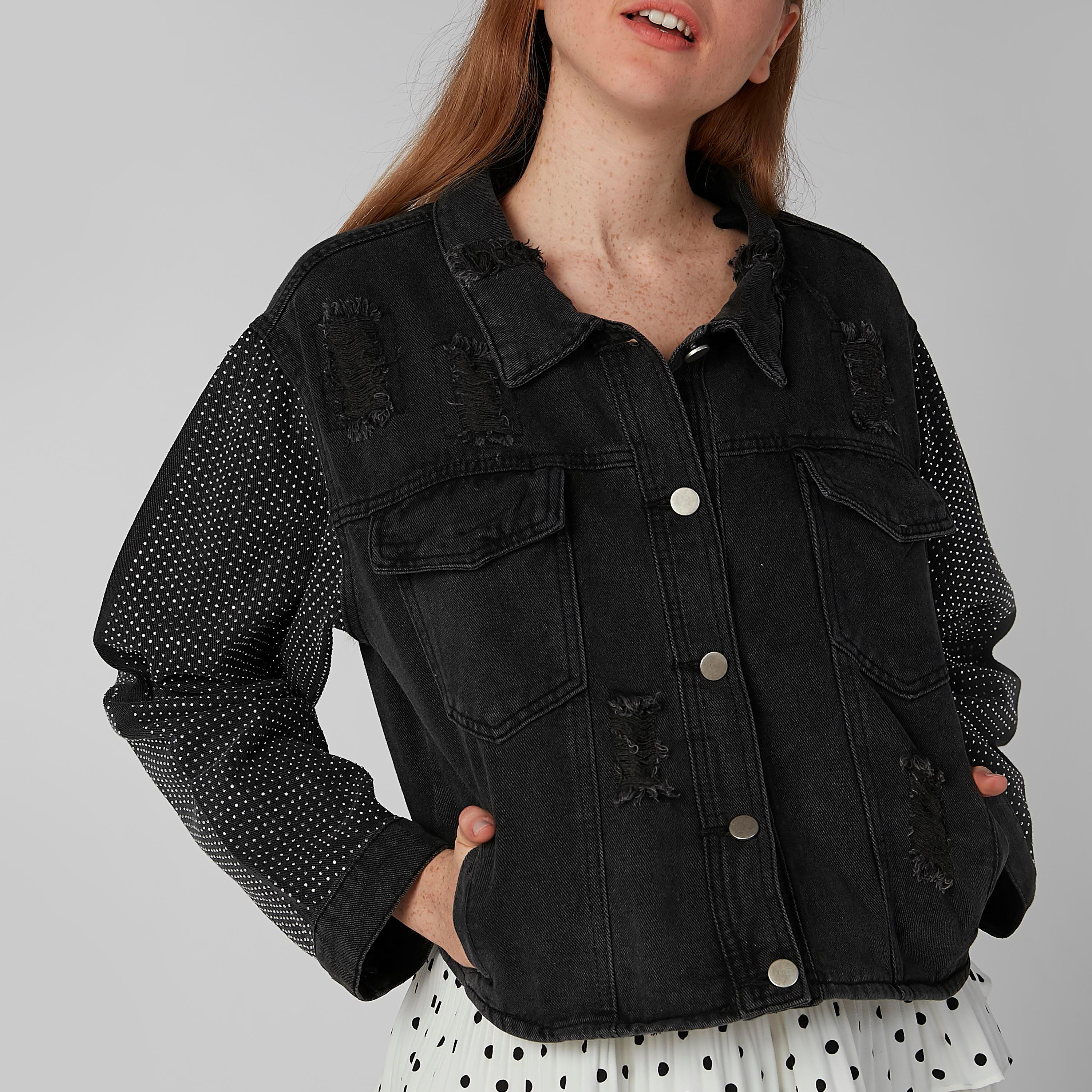Studded Denim Jacket with Long Sleeves and Button Closure-women-winterwear-coatsandjackets-jackets-image-4