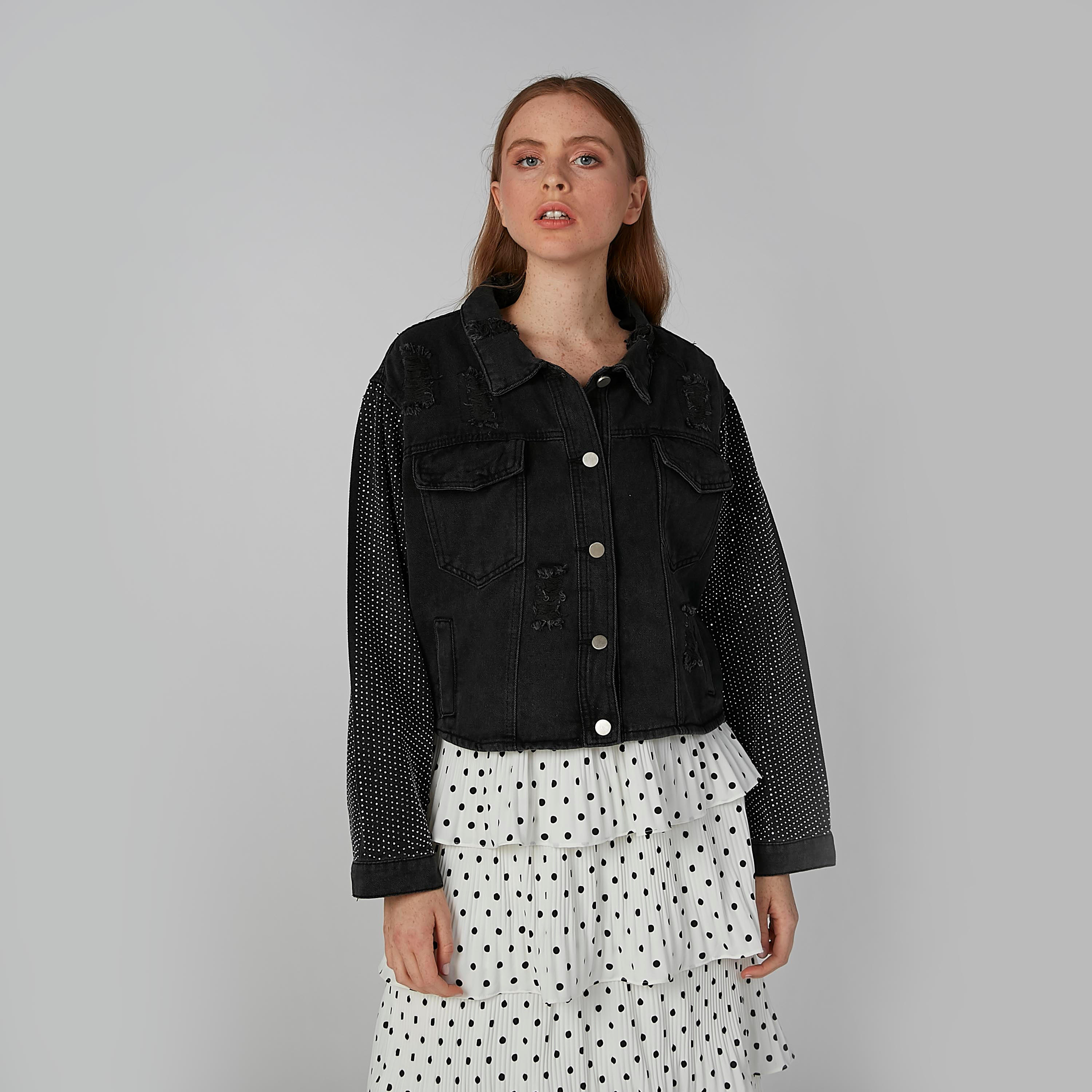 Studded Denim Jacket with Long Sleeves and Button Closure-women-winterwear-coatsandjackets-jackets-image-5
