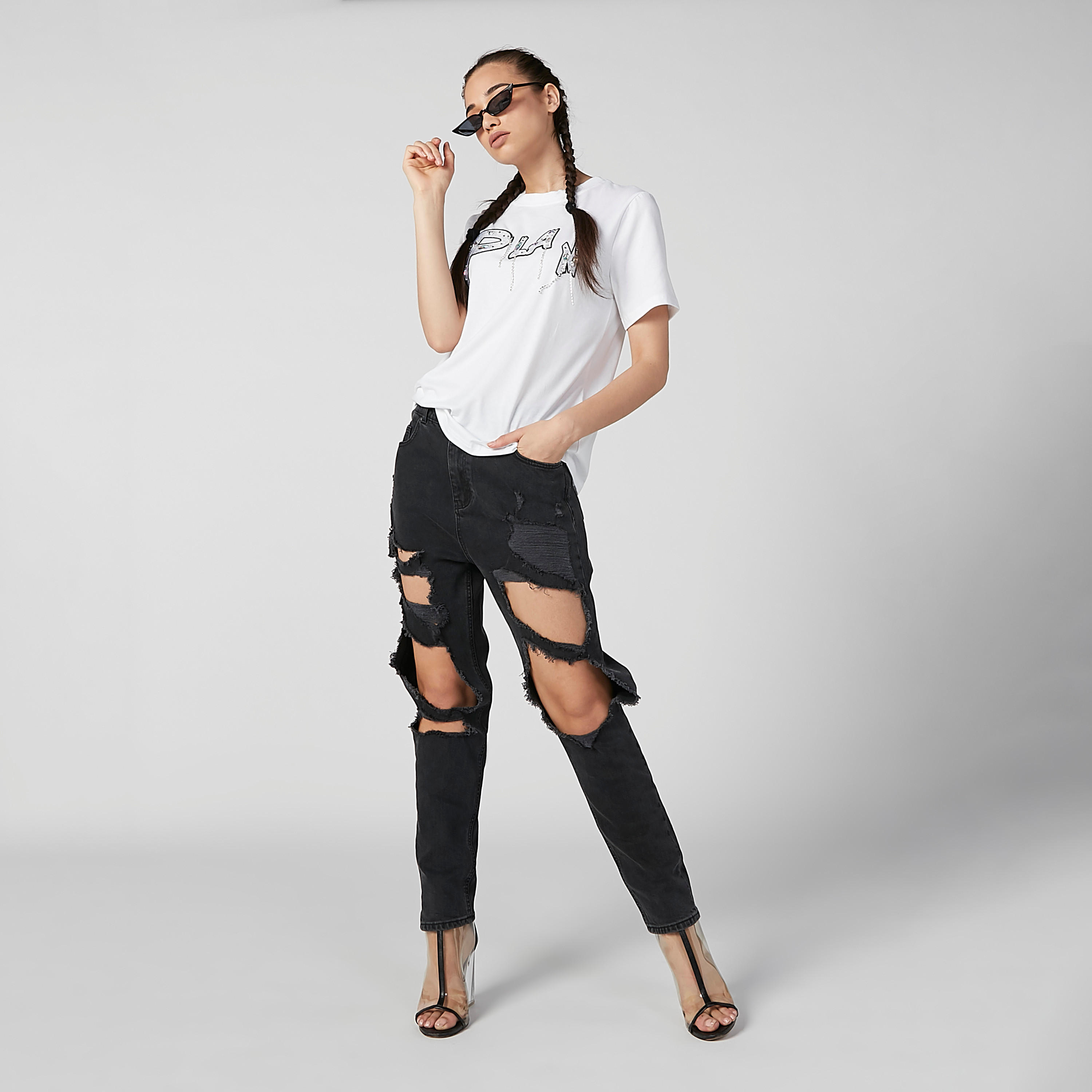 Embellished Top with Round Neck and Short Sleeves-women-clothing-tshirts-image-2