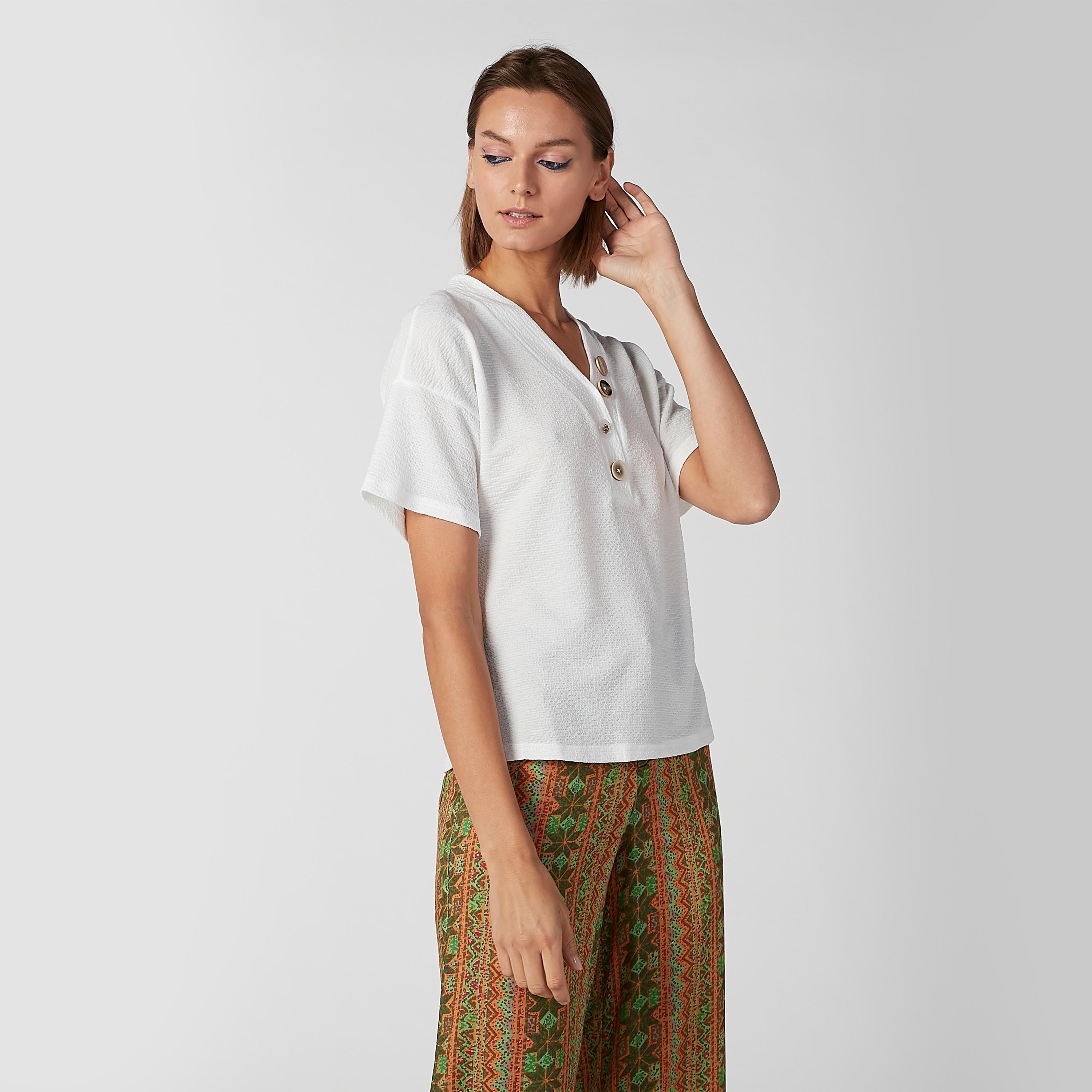 Textured Top with V-neck and Drop Shoulder Sleeves-women-clothing-shirtsandblouses-blouses-image-2