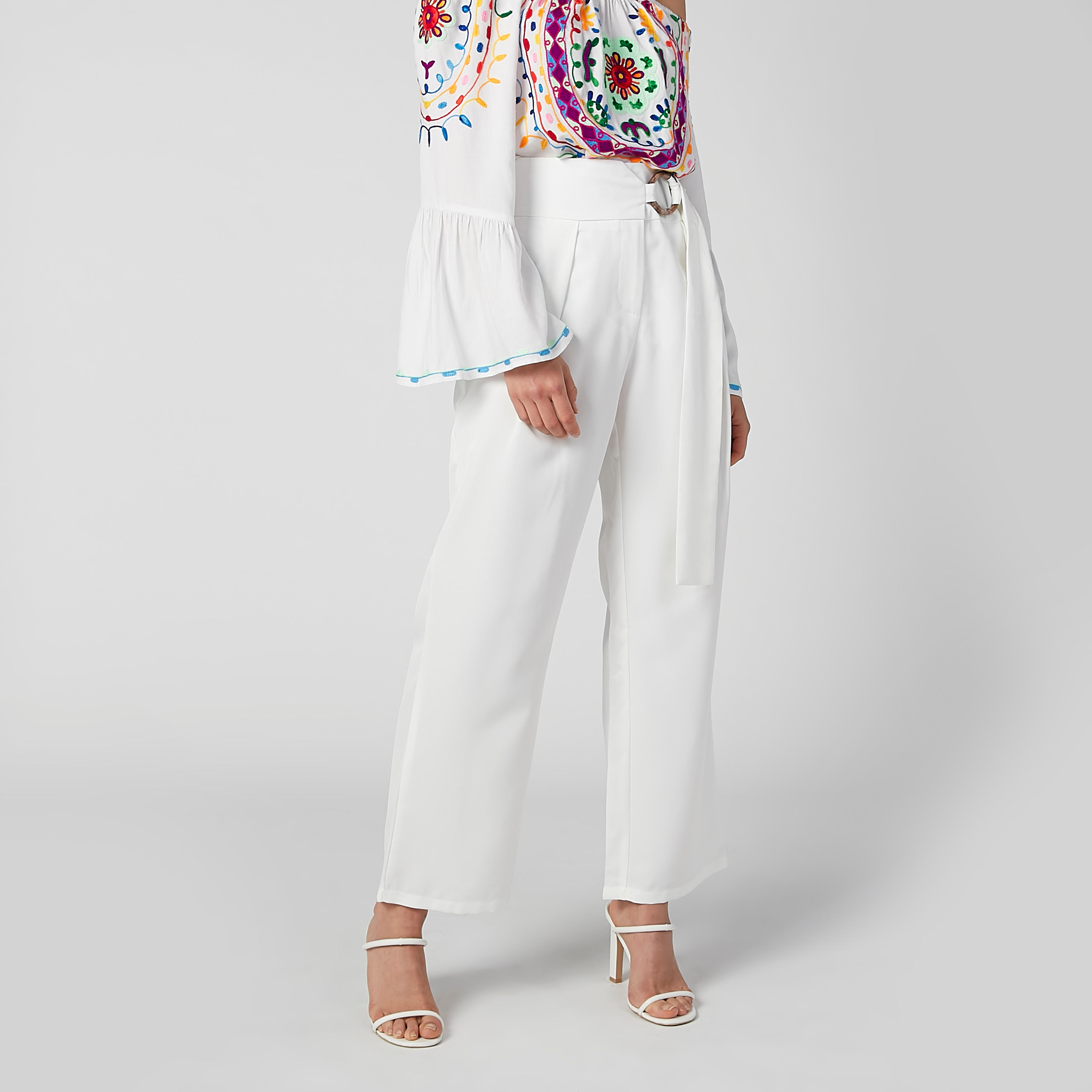 Full Length Plain Mid Waist Trousers with D-Ring Belt-women-clothing-bottoms-trousers-image-1
