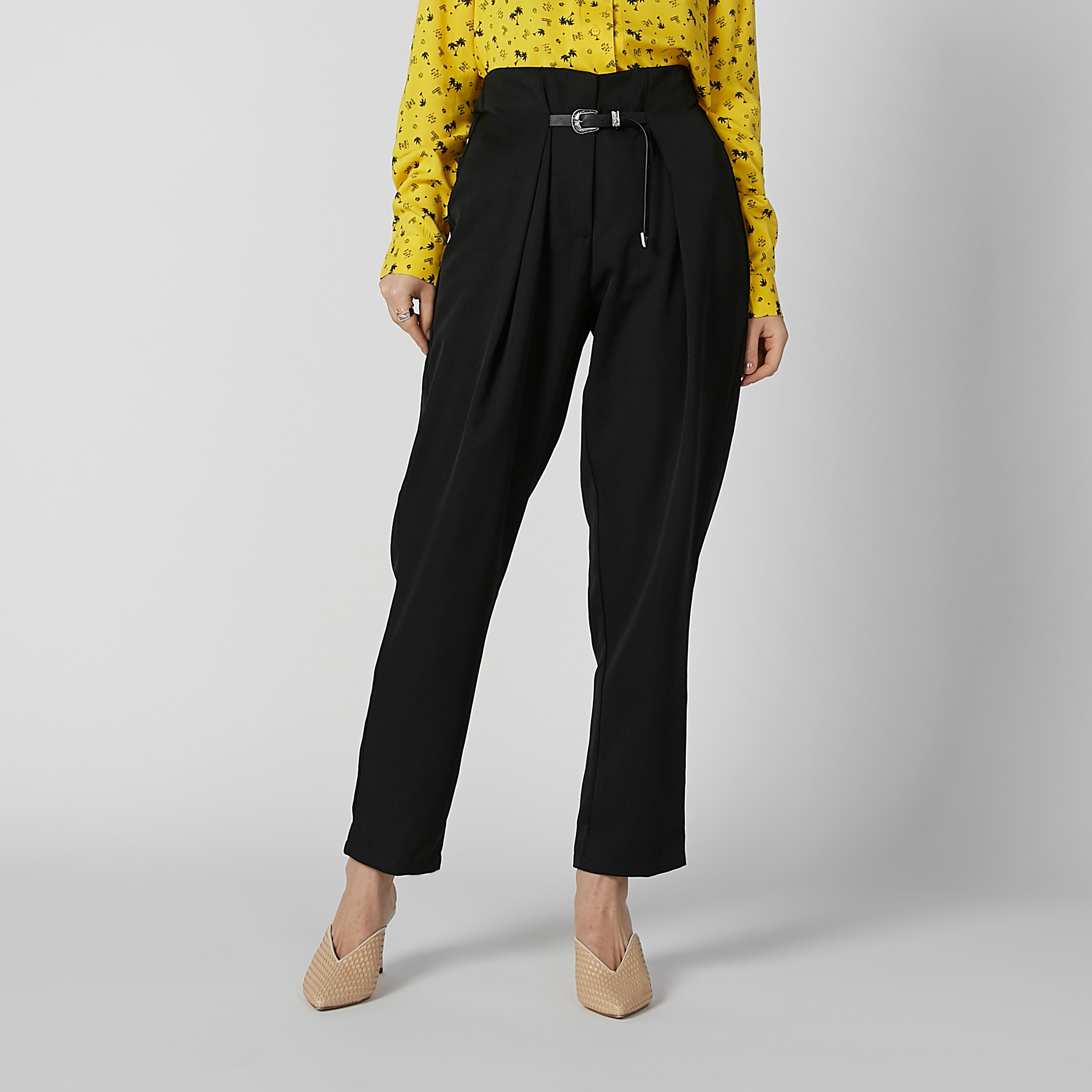 بنطال سادة بخصر متوسط الارتفاع وإبزيم إغلاق بدبوس-women-clothing-bottoms-trousers-image-1