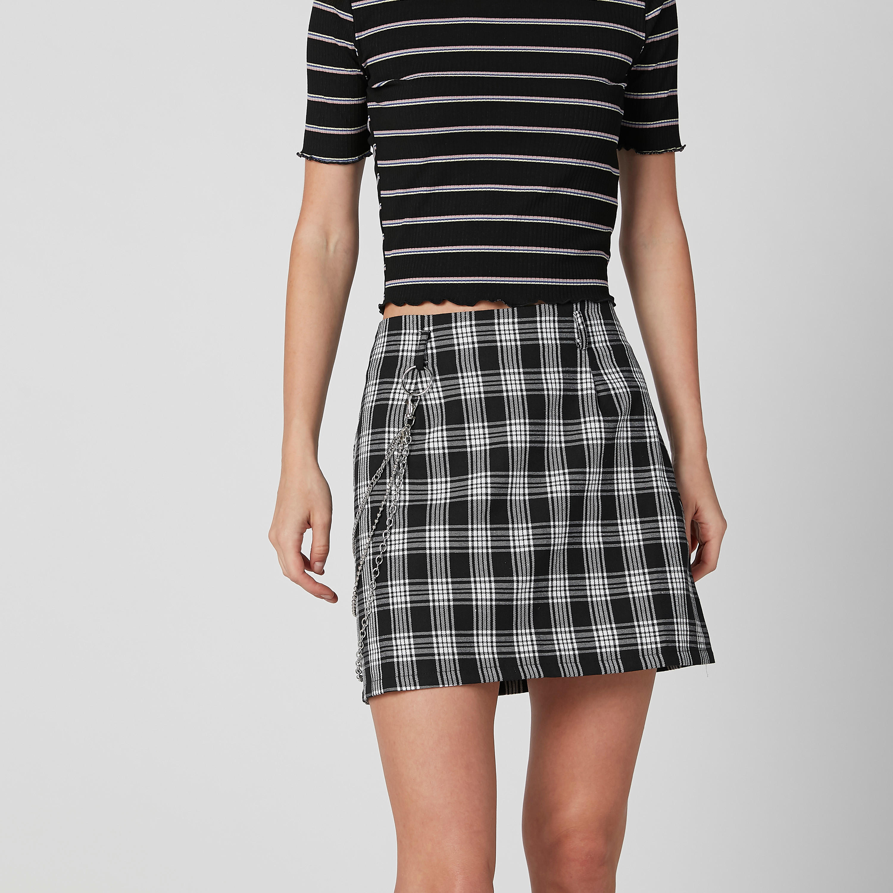 تنورة كاروهات إيه لاين قصيرة بسحّاب إغلاق وحلقات للحزام-women-clothing-bottoms-skirts-image-3
