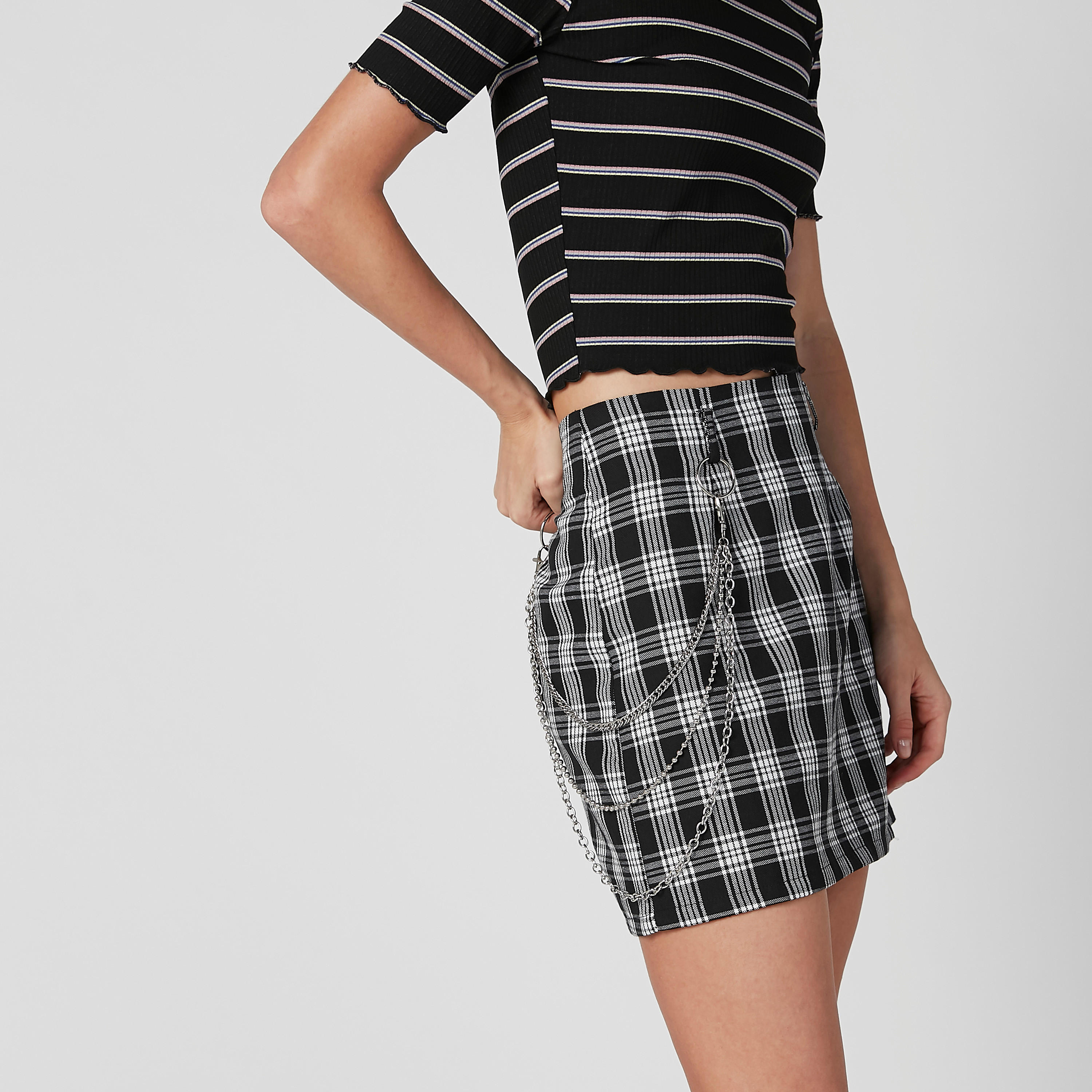 تنورة كاروهات إيه لاين قصيرة بسحّاب إغلاق وحلقات للحزام-women-clothing-bottoms-skirts-image-4