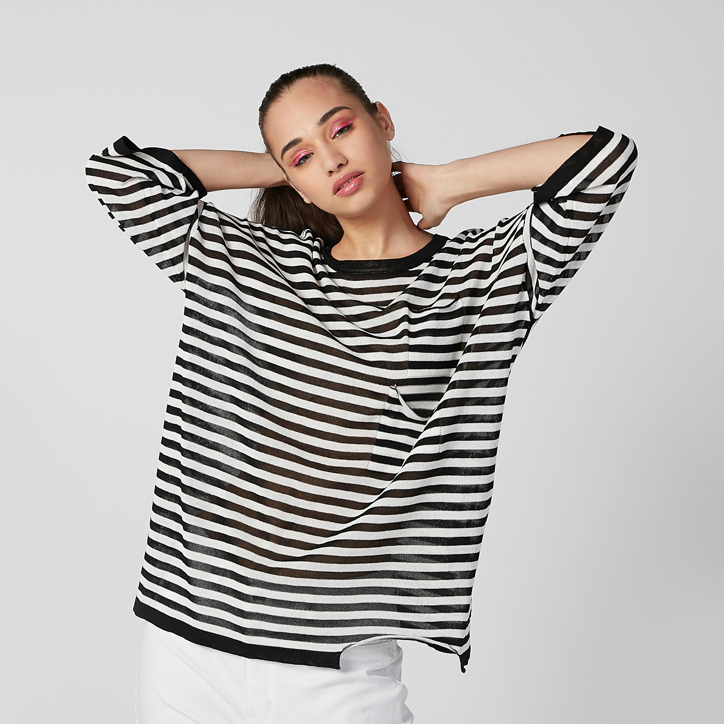 تيشيرت مقلّم بياقة مستديرة وأكمام 3/4-women-clothing-tshirts-image-6