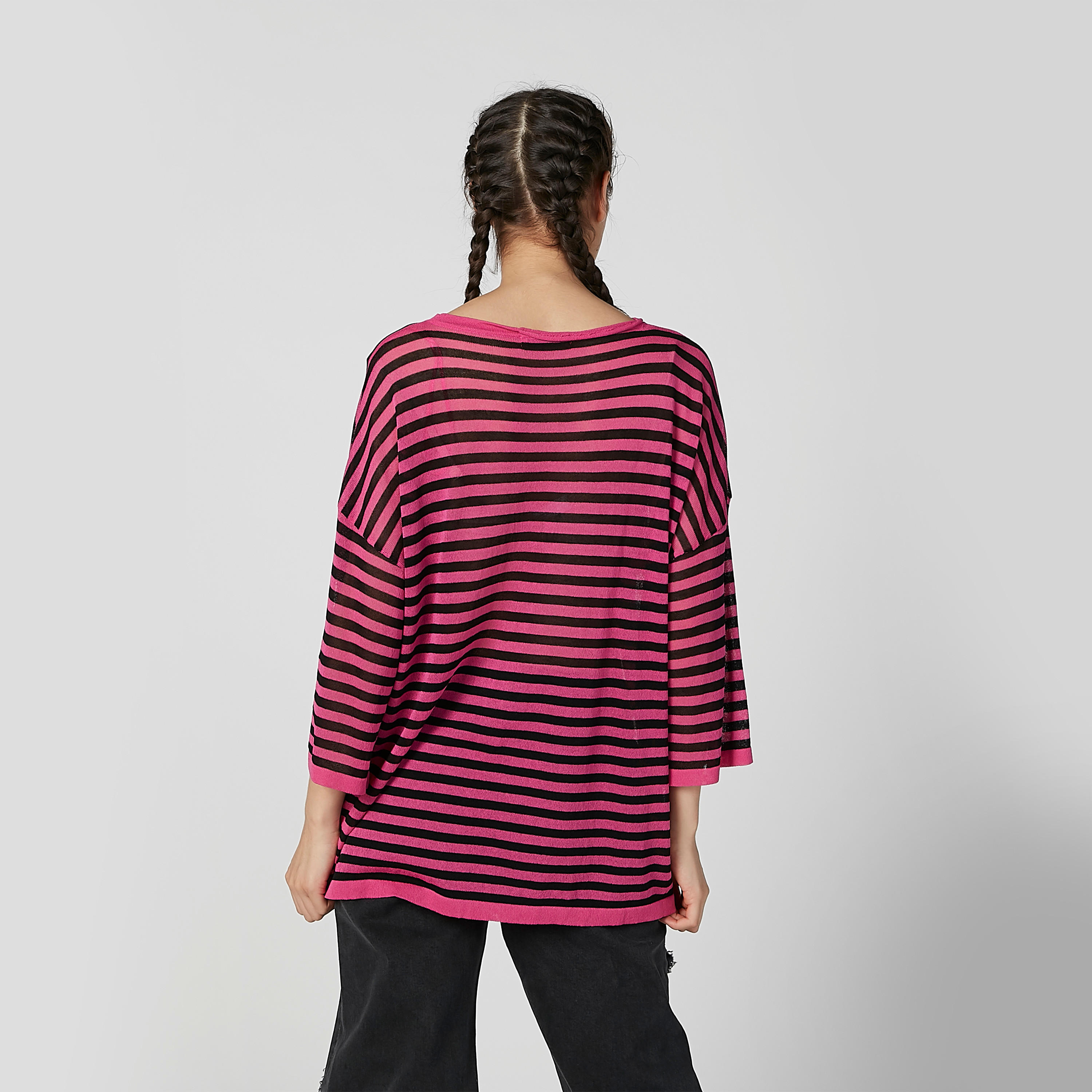 تيشيرت مقلّم بياقة مستديرة وأكمام 3/4-women-clothing-tshirts-image-5